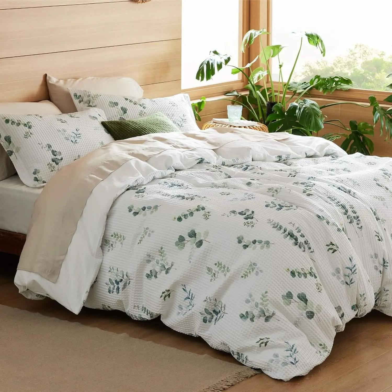 Bedsure Cotton Waffle Weave Botanical Print Duvet Cover Set