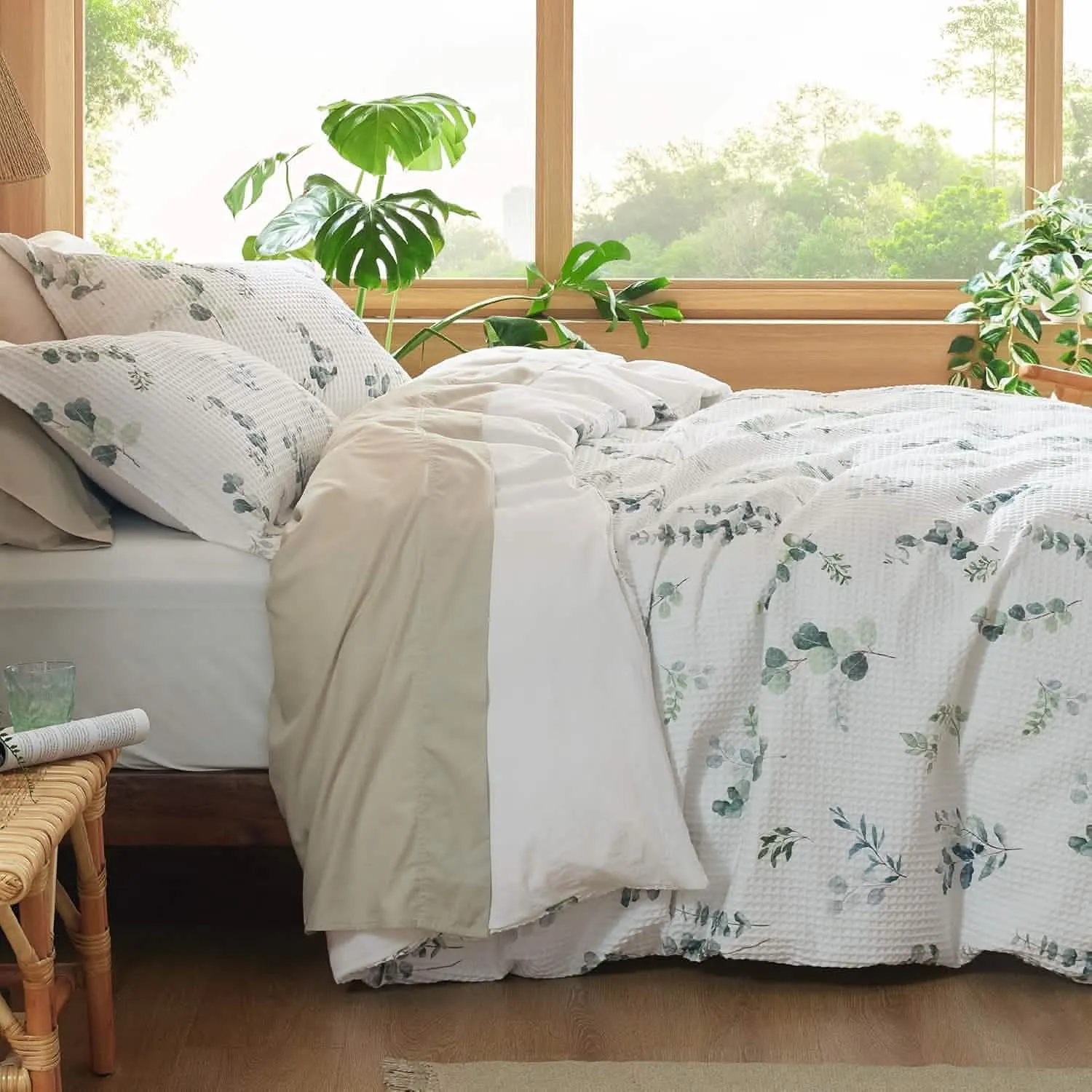 Bedsure Cotton Waffle Weave Botanical Print Duvet Cover Set