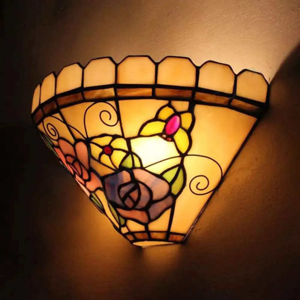 Beige Cone Wall Sconce with Floral Stained Glass - Elegant Butterfly Design