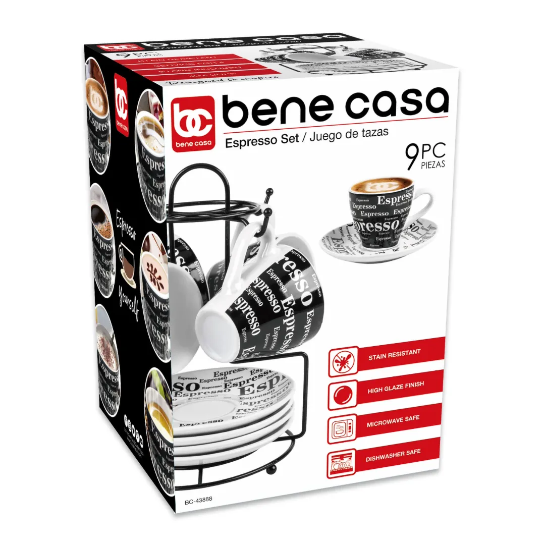 Bene Casa 9-Piece Black & White Espresso Design Demitasse Cup and Saucer Set with Stand