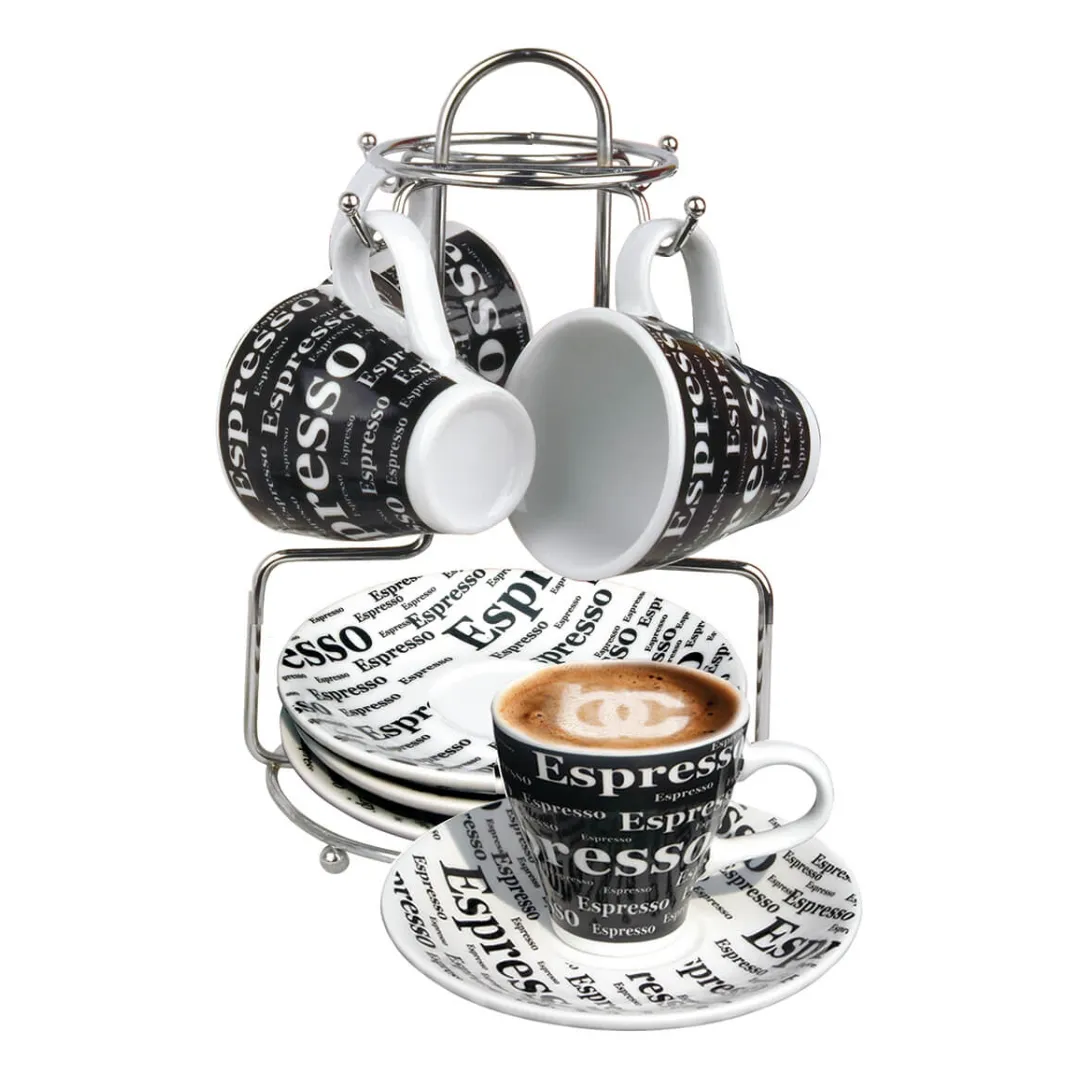 Bene Casa 9-Piece Black & White Espresso Design Demitasse Cup and Saucer Set with Stand