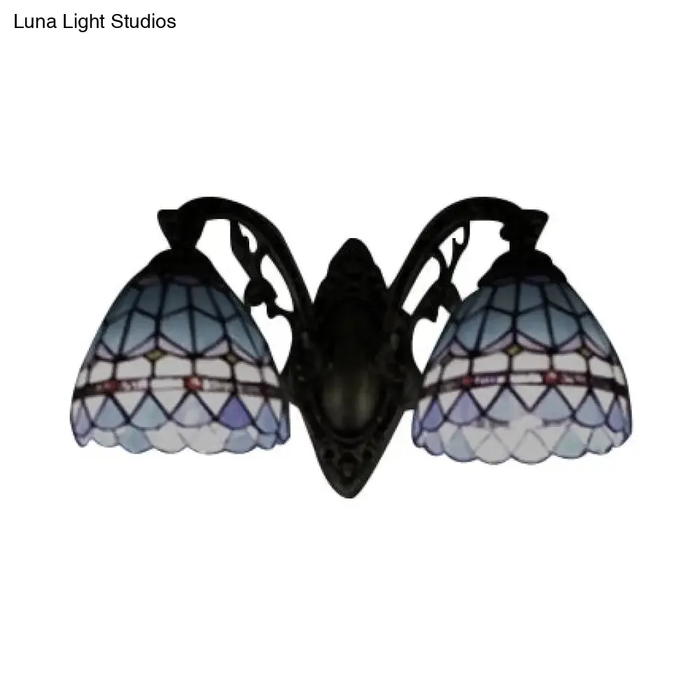 Blue Baroque Stained Glass Dome Sconce Light with Curved Arm - 2 Light Wall Fixture for Bedroom