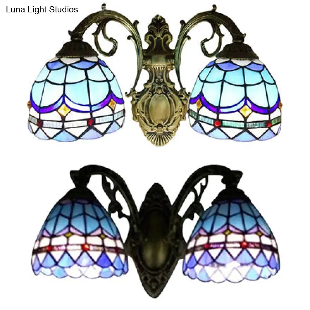 Blue Baroque Stained Glass Dome Sconce Light with Curved Arm - 2 Light Wall Fixture for Bedroom