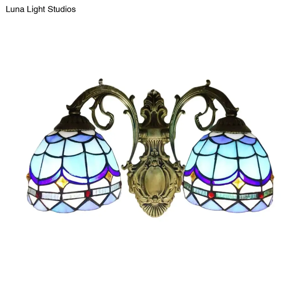 Blue Baroque Stained Glass Dome Sconce Light with Curved Arm - 2 Light Wall Fixture for Bedroom