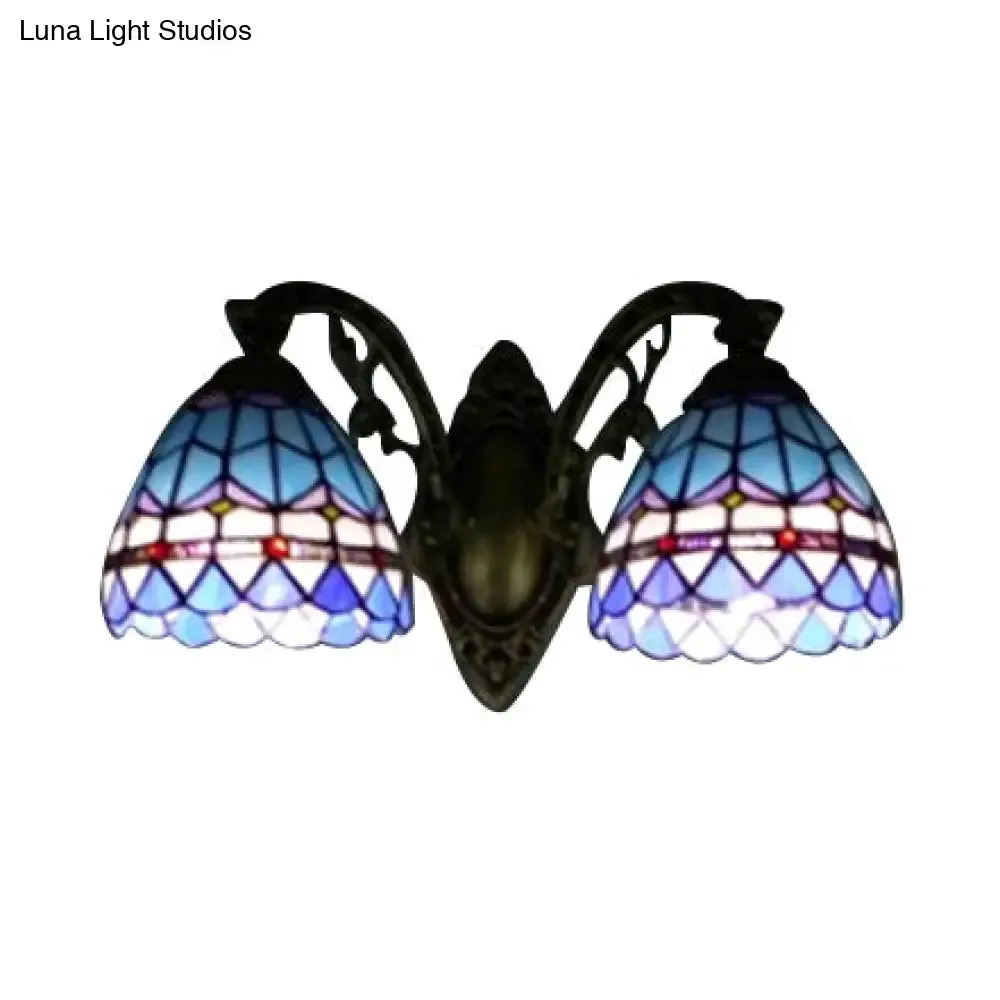 Blue Baroque Stained Glass Dome Sconce Light with Curved Arm - 2 Light Wall Fixture for Bedroom