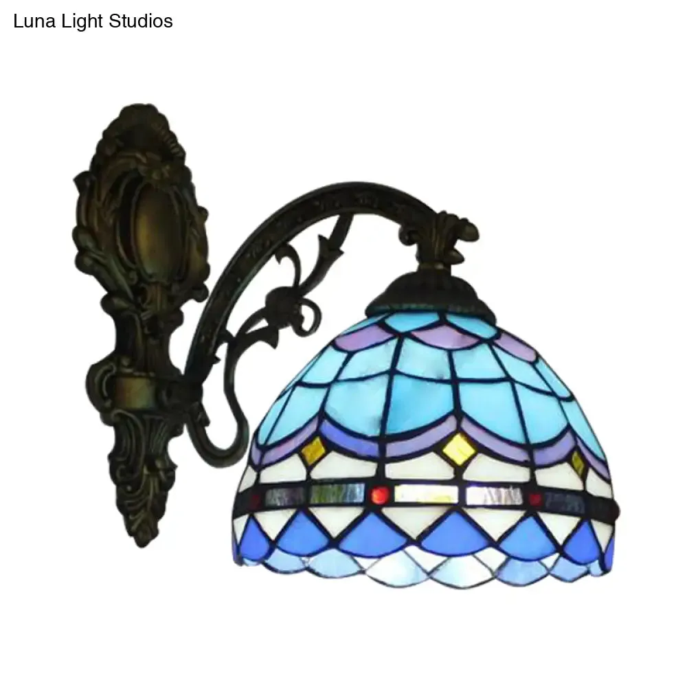 Blue Baroque Stained Glass Dome Wall Light - Bedroom Wall Mount Fixture