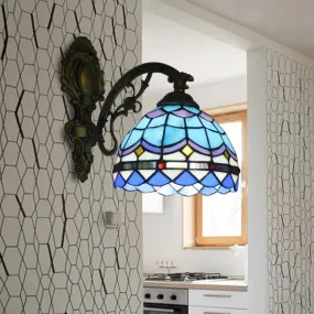 Blue Baroque Stained Glass Dome Wall Light - Bedroom Wall Mount Fixture