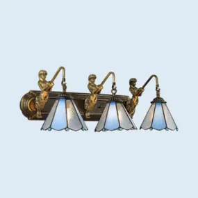 Blue Glass Conical Wall Sconce Light Fixture - Tiffany Style with 3 Lights and Aged Brass - Elegant Lighting