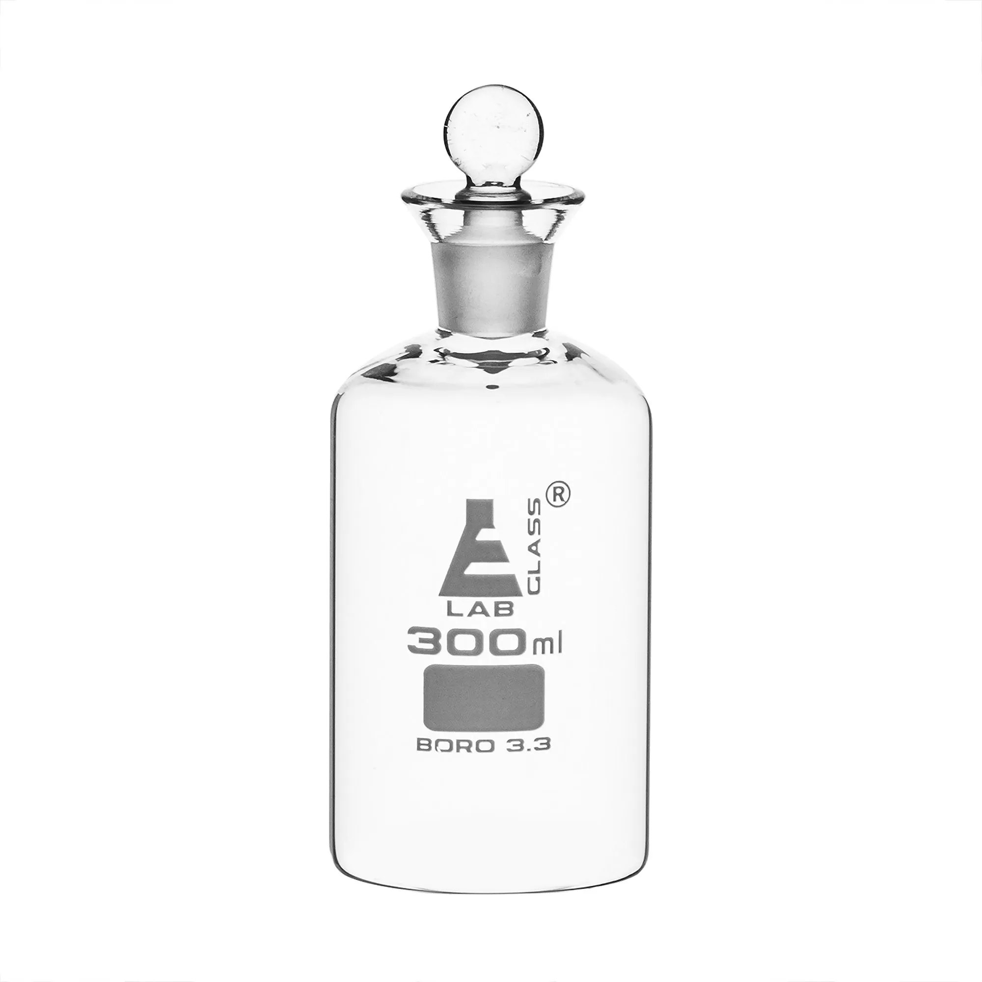 BOD Bottle, 300ml - Interchangeable Glass Pennyhead Stopper - Borosilicate Glass - Eisco Labs