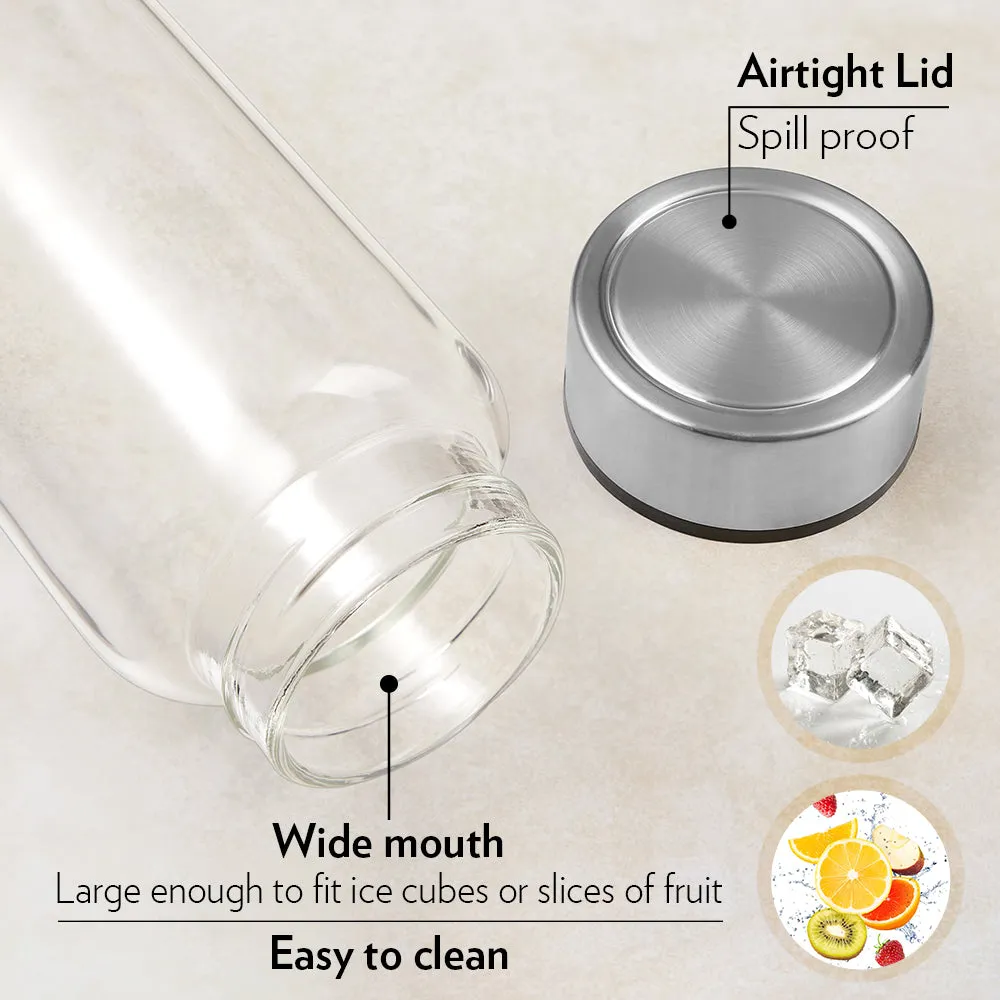 Borosil Crysto Glass Bottle w SS Lid, Personalise