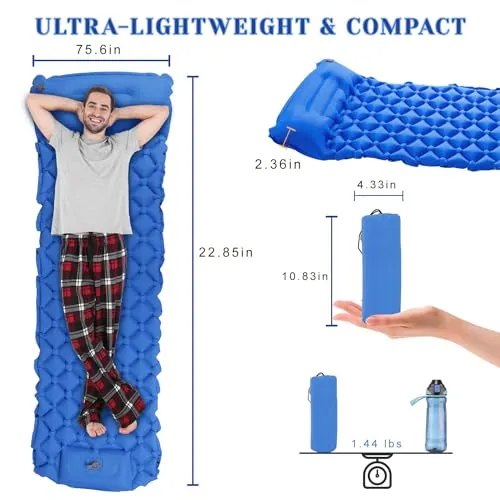 BoxedHome Camping Sleeping Pad, Ultralight Inflatable Camping Mat with Built-in Pillow Sleeping Pads for Camping Backpacking Hiking Traveling Tent, Compact & Lightweight Air Mattress