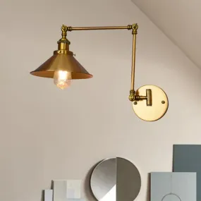 Brass Indoor Sconce Lighting Fixture with Cone Shade - Single Bulb Wall Light