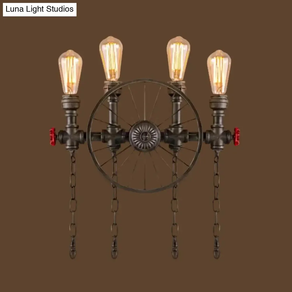 Bronze Steampunk Wall Sconce with Chain and Valve - 2/4-Head Iron Light Fixture