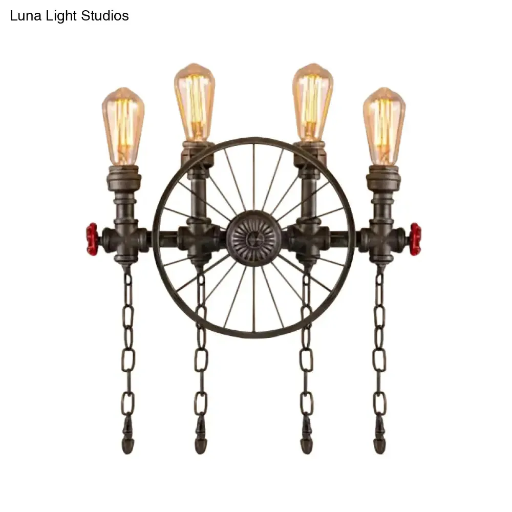 Bronze Steampunk Wall Sconce with Chain and Valve - 2/4-Head Iron Light Fixture