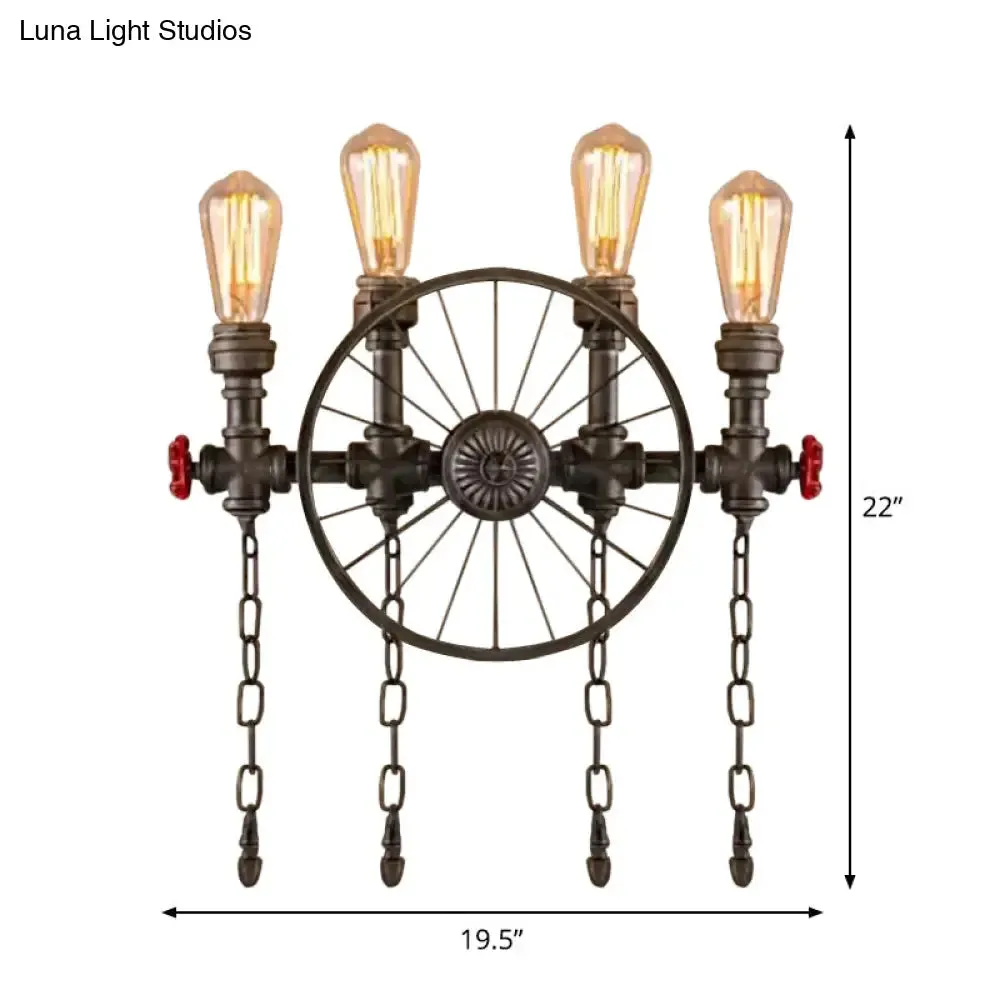 Bronze Steampunk Wall Sconce with Chain and Valve - 2/4-Head Iron Light Fixture