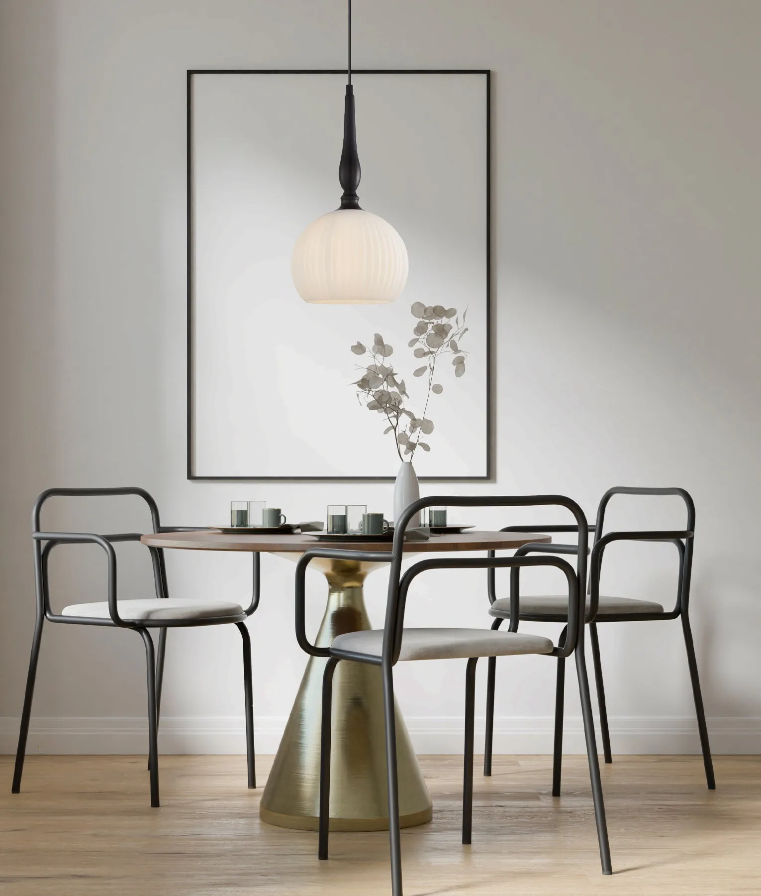 CALIZ: Interior Frosted Wine Glass Ribbed with Brass / Black Pendant Lights