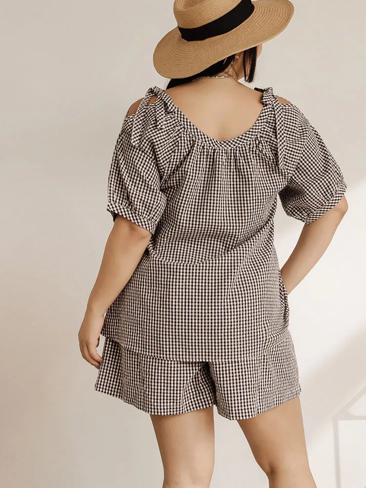 Casual Plaid Loose Cutout Sleeve Blouse Top