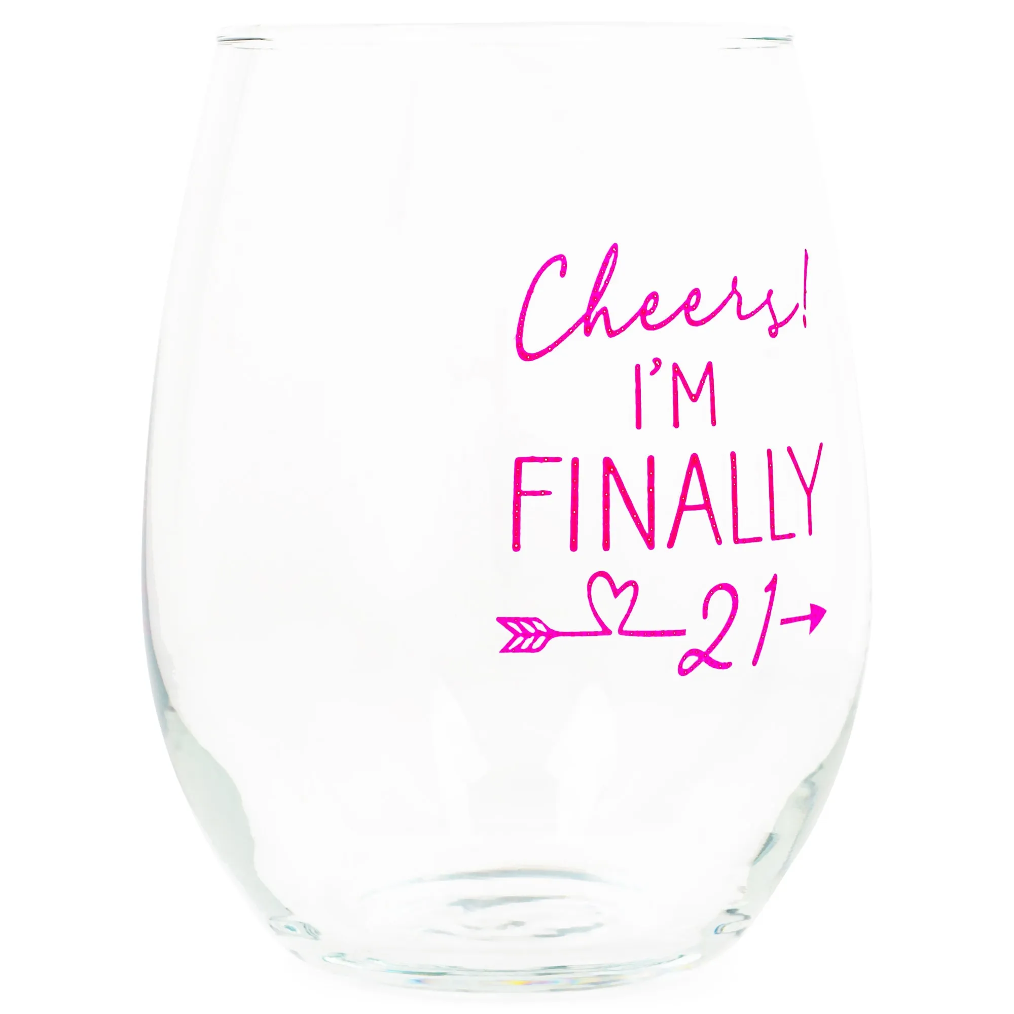 Cheers! Finally 21 Pink 14 ounce Glass Stemless Wine Glass