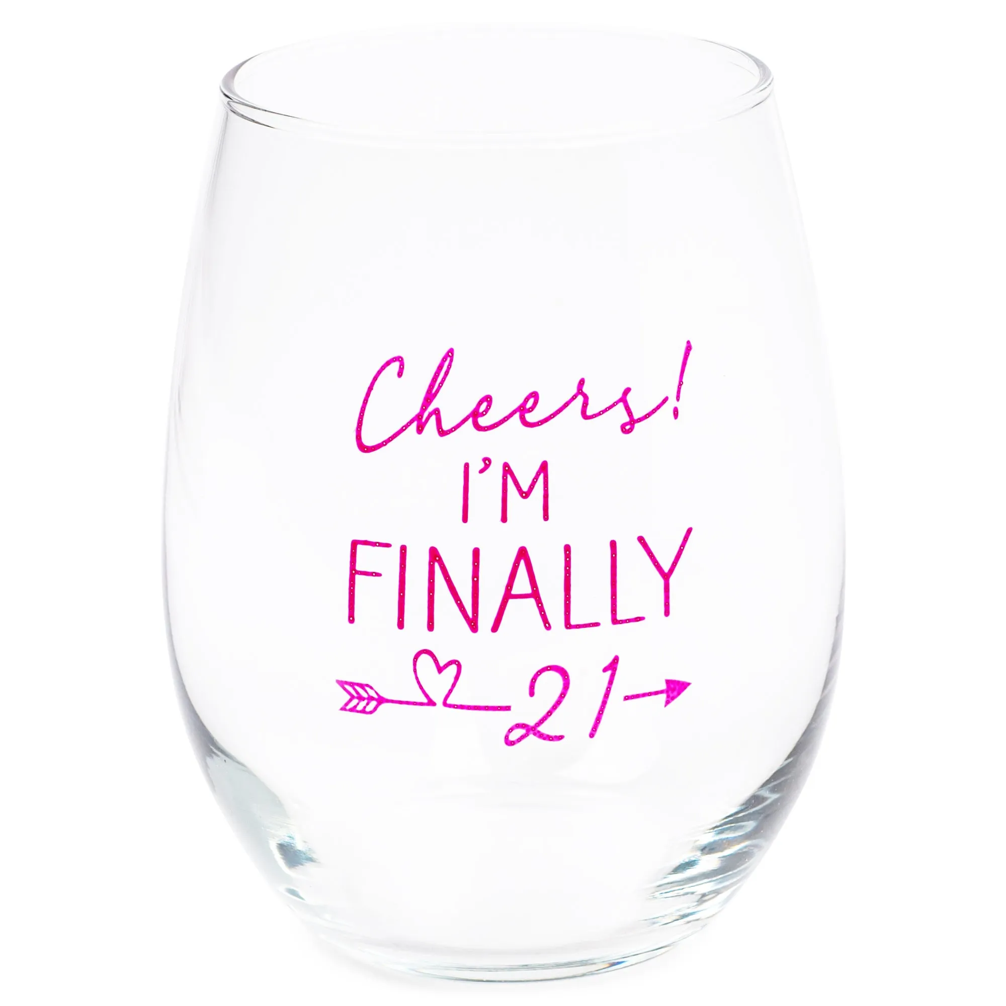 Cheers! Finally 21 Pink 14 ounce Glass Stemless Wine Glass