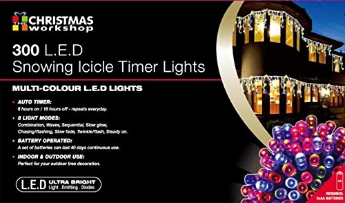 Christmas Workshop 300 LED Battery Operated Timer Lights~ Snowing Icicle ~ Indoor and Outdoor ~Multi-Coloured ~ Christmas, Weddings & Gardens ~ 8 functions ~ 79150