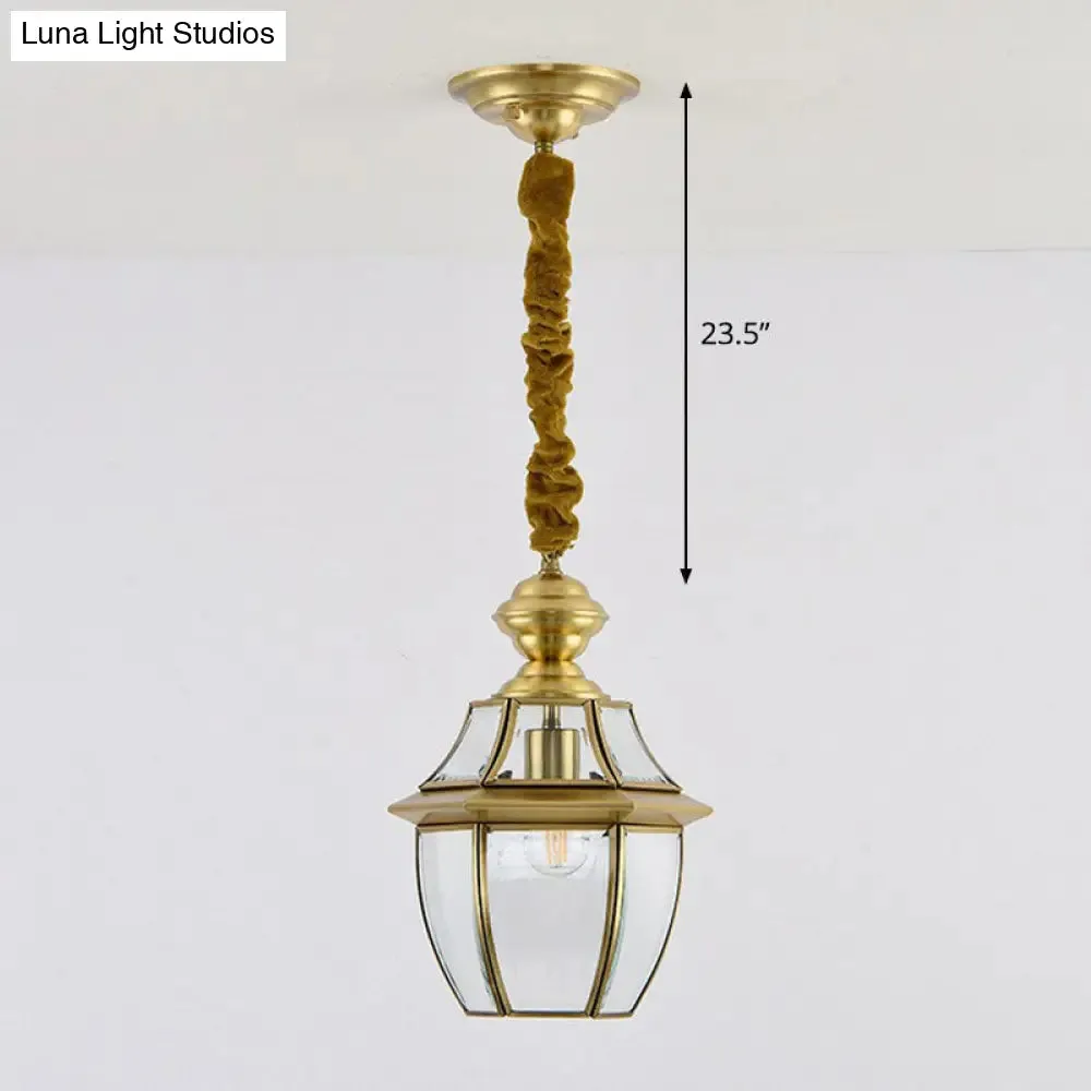 Colonial Style Oval Lantern Pendant Lamp with Clear Glass - Brass Finish, Ideal for Corridors and Ceilings