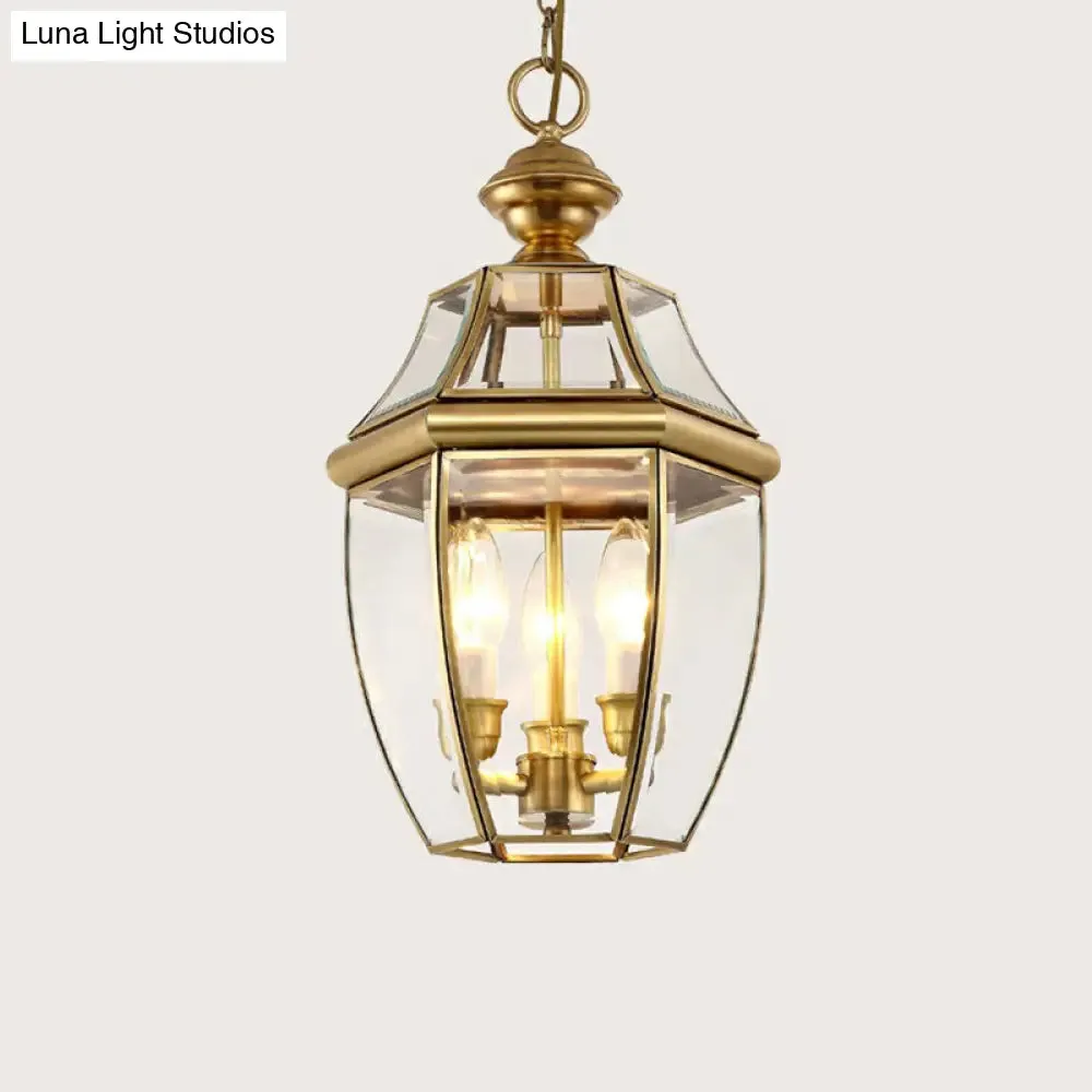 Colonial Style Oval Lantern Pendant Lamp with Clear Glass - Brass Finish, Ideal for Corridors and Ceilings