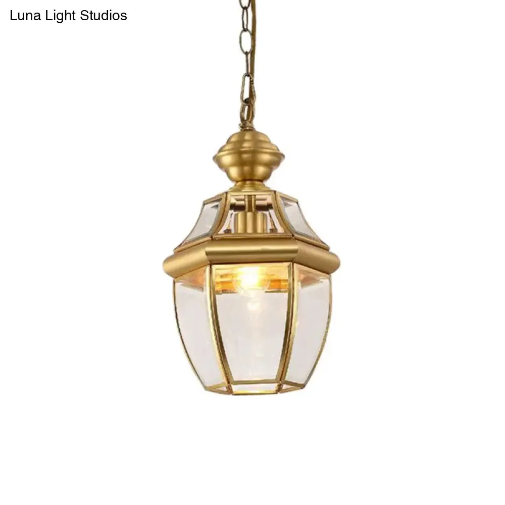 Colonial Style Oval Lantern Pendant Lamp with Clear Glass - Brass Finish, Ideal for Corridors and Ceilings