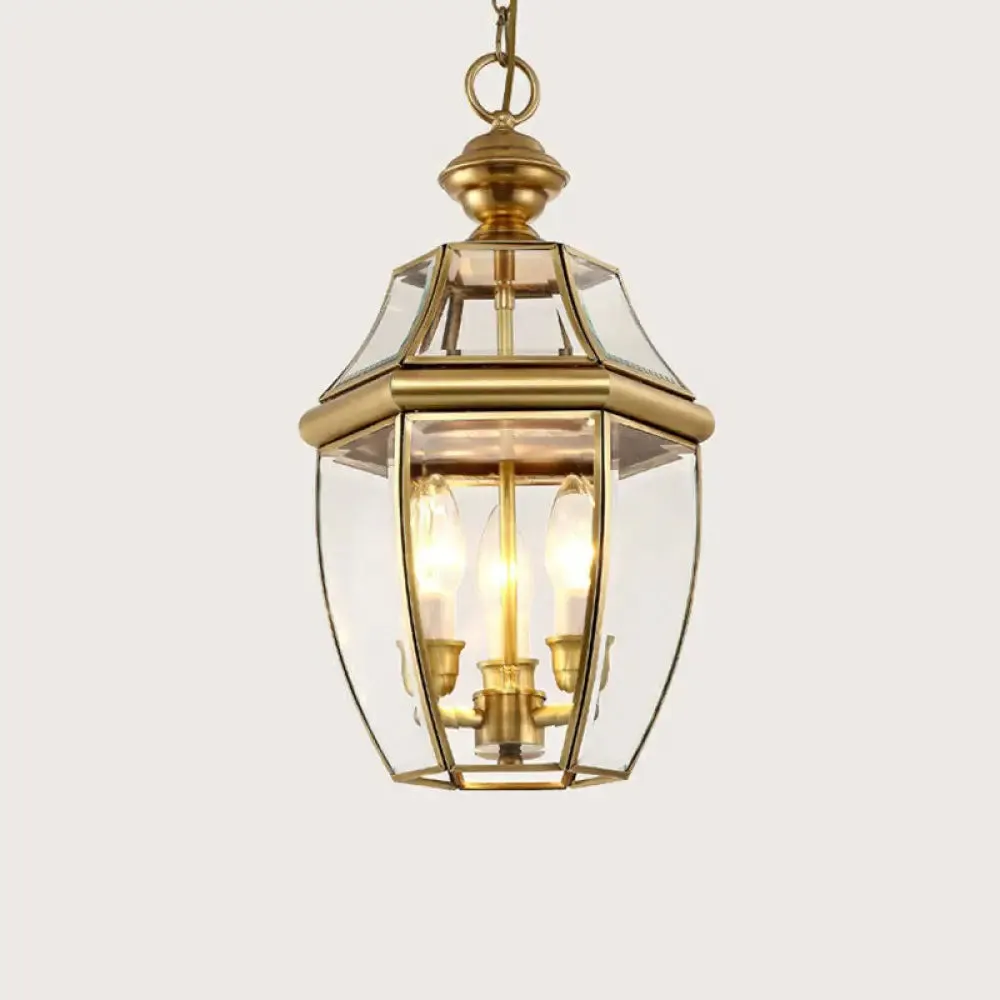 Colonial Style Oval Lantern Pendant Lamp with Clear Glass - Brass Finish, Ideal for Corridors and Ceilings