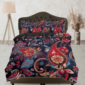 Colorful red paisley dark blue duvet cover set, aesthetic room decor bedding set full, king, queen size, abstract boho bedspread, luxury bed