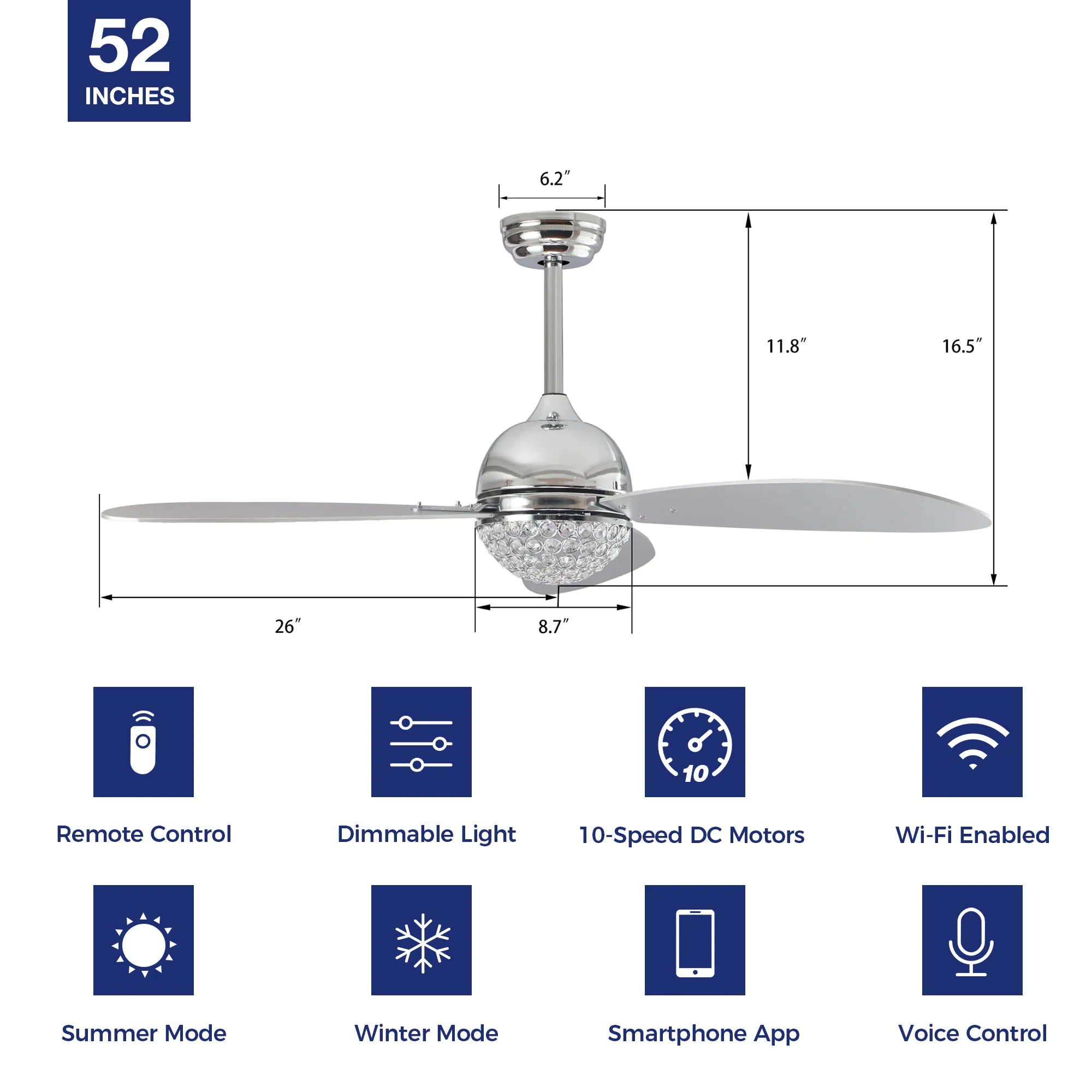 Corvin Smart Ceiling Fan with Integrated LED Light and Remote 52 inch