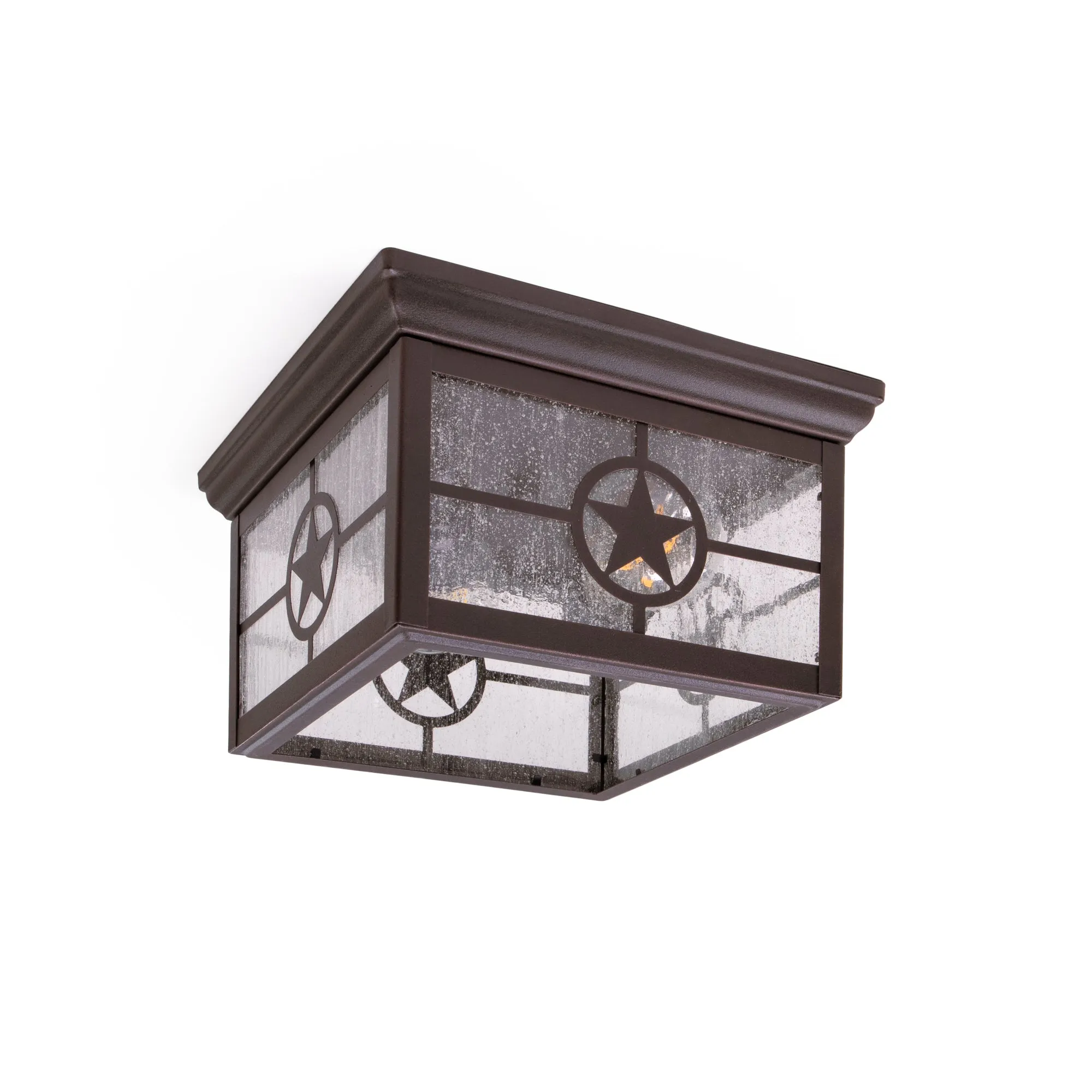 Country Star Square Ceiling Mount Farmhouse Fixture, 2 Light, Open Bottom, Indoor or Outdoor, Damp Location, Seedy Glass, Black or Rust Finish