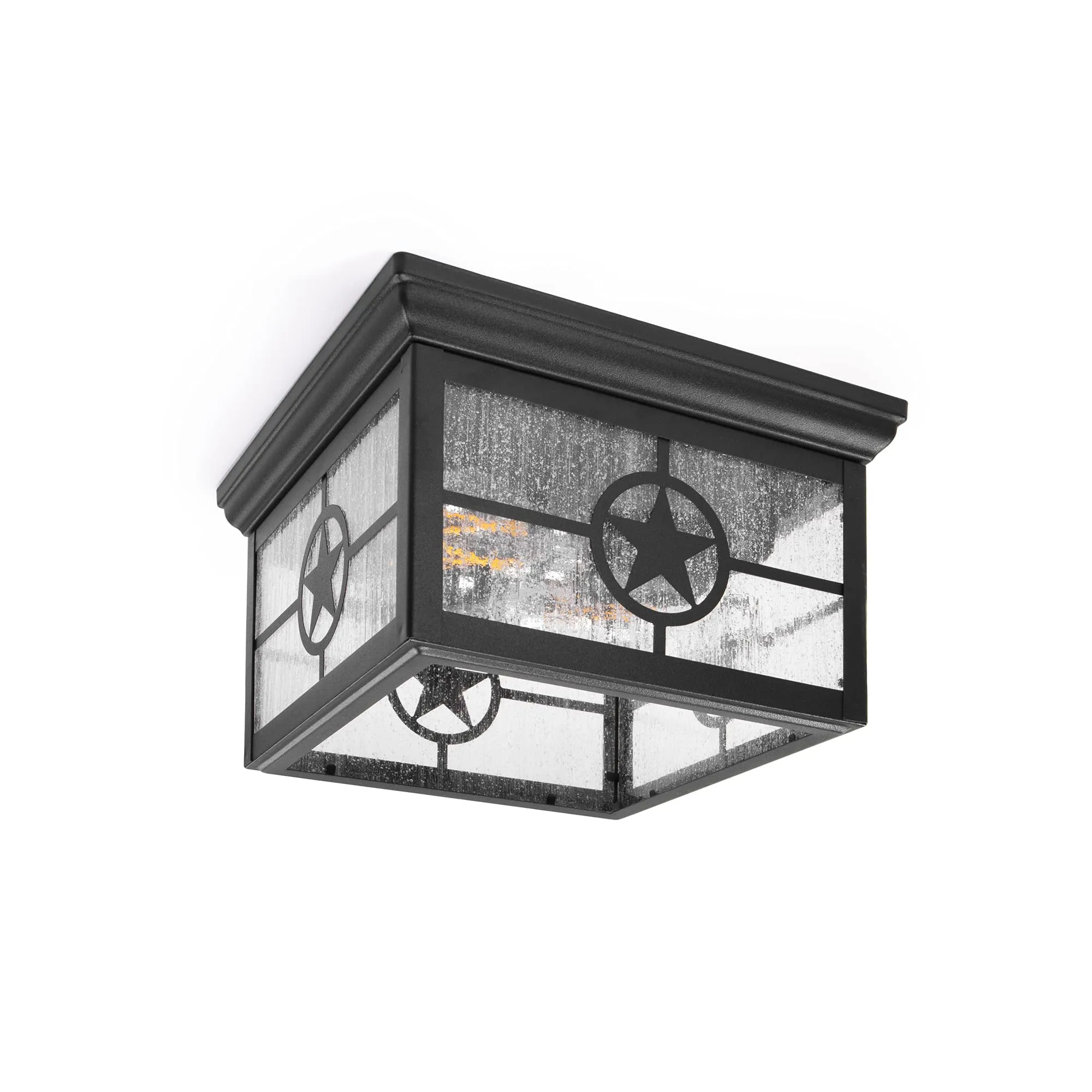 Country Star Square Ceiling Mount Farmhouse Fixture, 2 Light, Open Bottom, Indoor or Outdoor, Damp Location, Seedy Glass, Black or Rust Finish