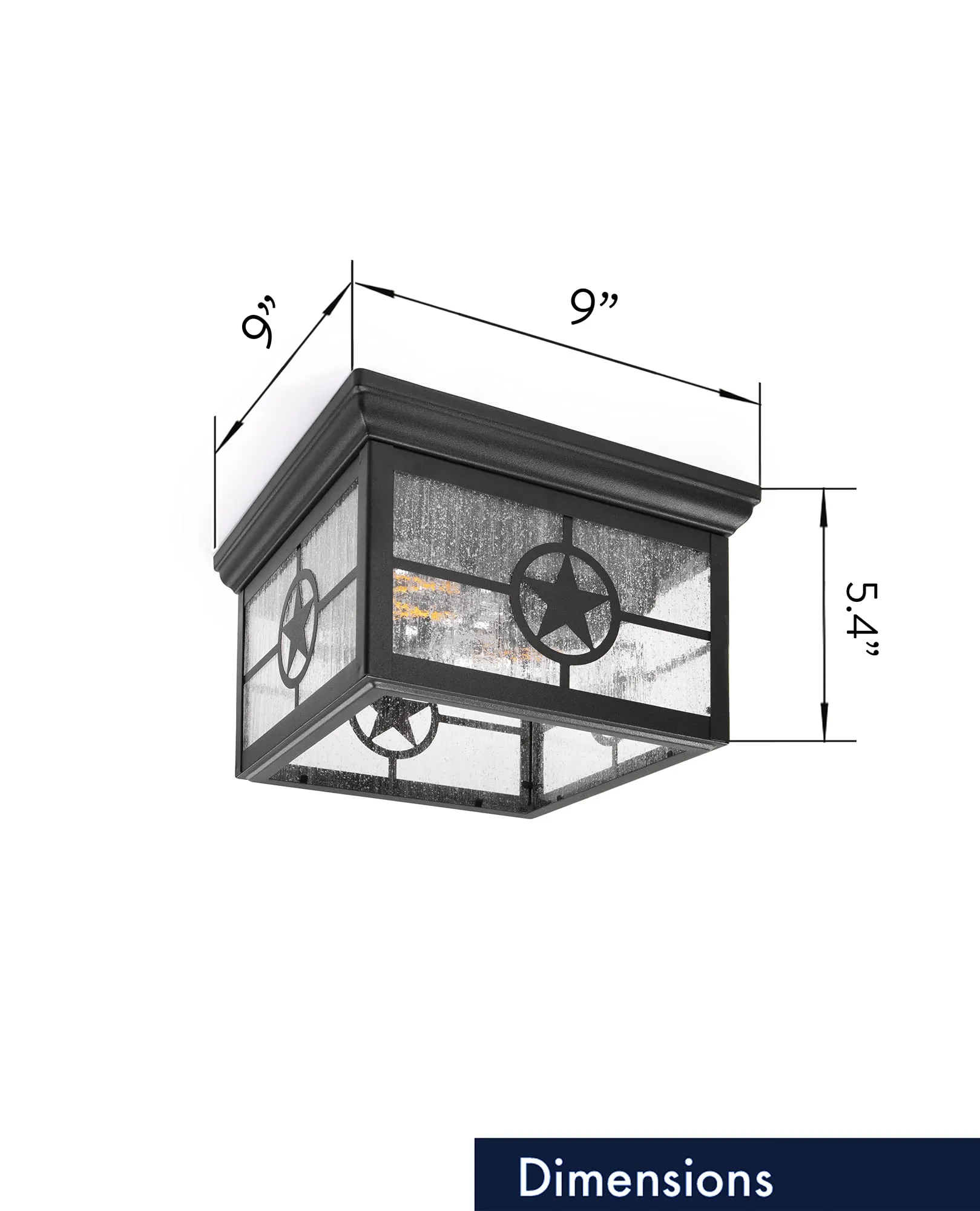 Country Star Square Ceiling Mount Farmhouse Fixture, 2 Light, Open Bottom, Indoor or Outdoor, Damp Location, Seedy Glass, Black or Rust Finish