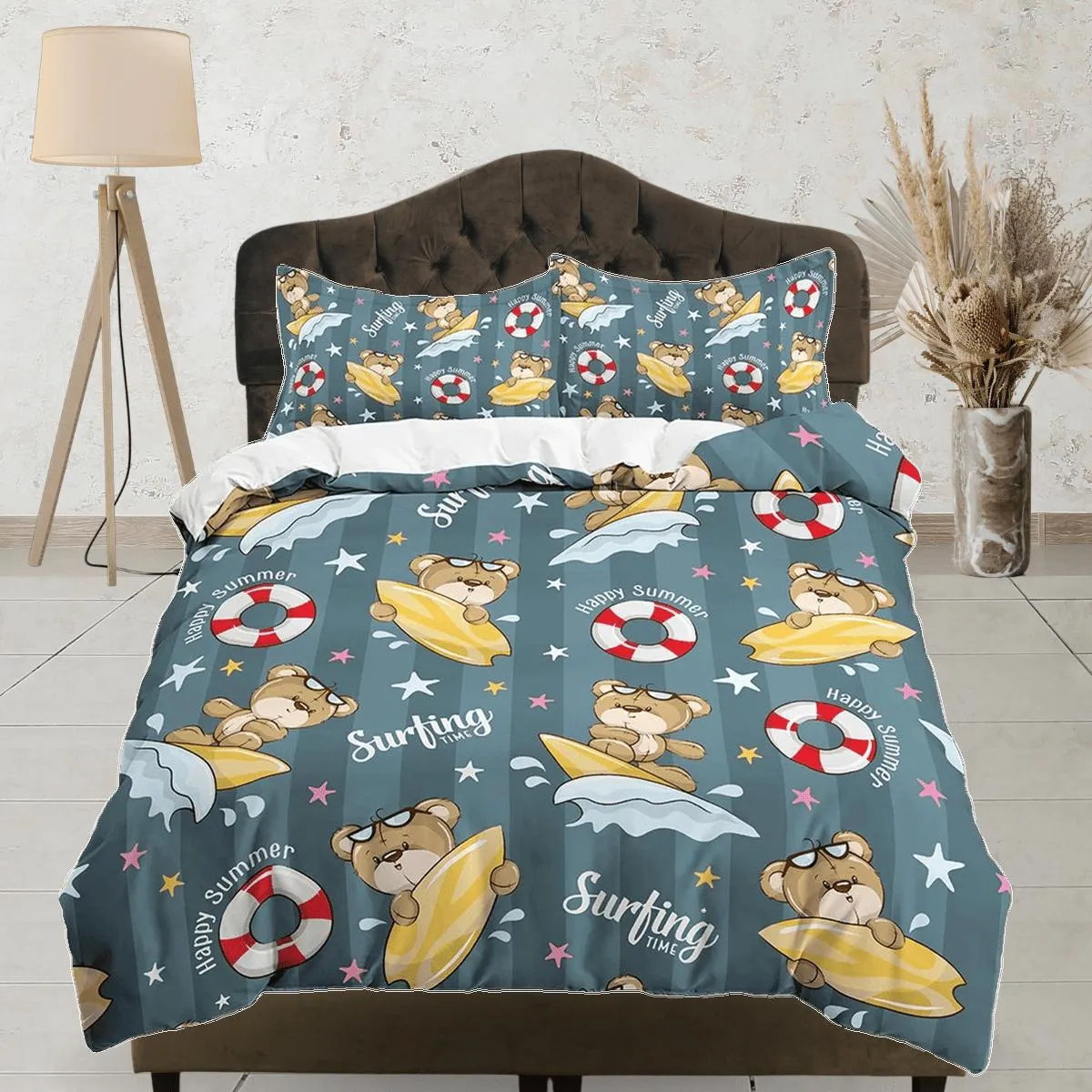 Cute brown teddy bear surfing toddler bedding, unique duvet cover, crib bedding with pillowcase, baby zipper bedding, king queen full twin