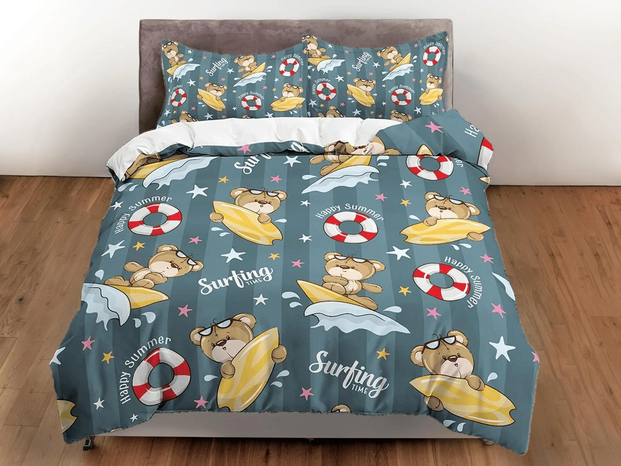 Cute brown teddy bear surfing toddler bedding, unique duvet cover, crib bedding with pillowcase, baby zipper bedding, king queen full twin