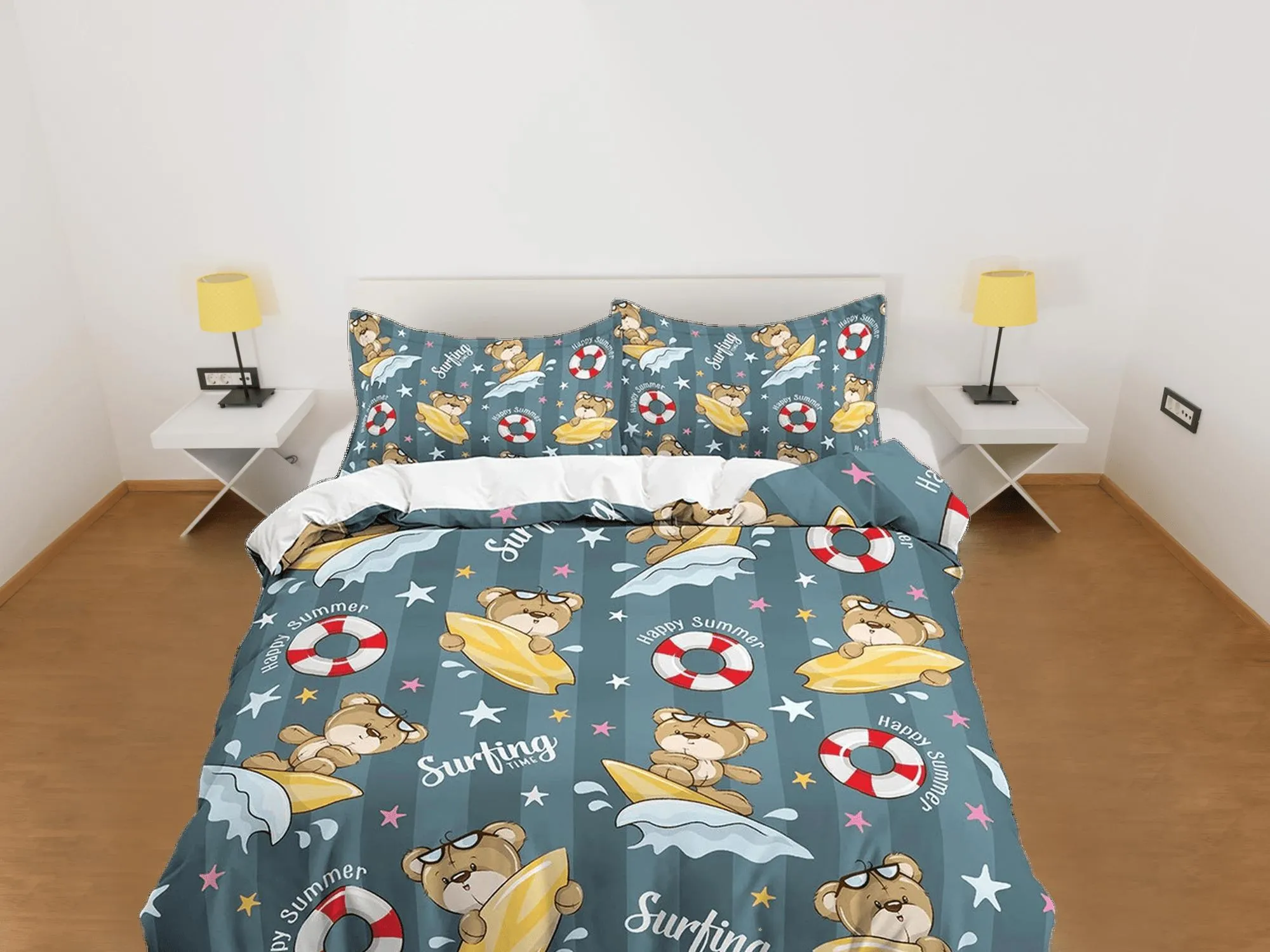 Cute brown teddy bear surfing toddler bedding, unique duvet cover, crib bedding with pillowcase, baby zipper bedding, king queen full twin