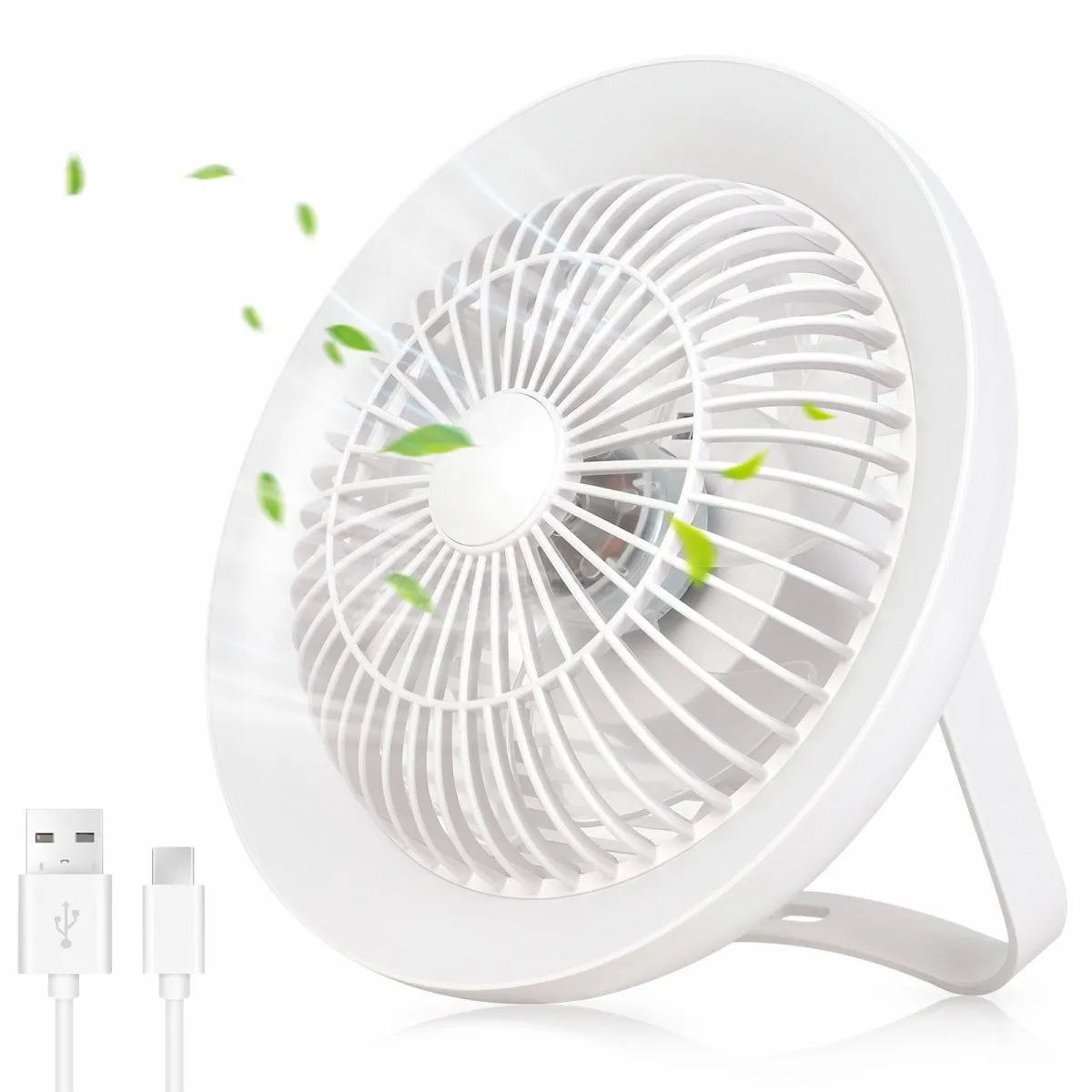 Depuley Portable Desk Fan with LED Light, 8" Small Desk Fan for Hanging or Tabletop Use, 4000mAH Outdoor Small Fan Rechargeable Quiet Camping USB Desk Fan with 3 Speeds