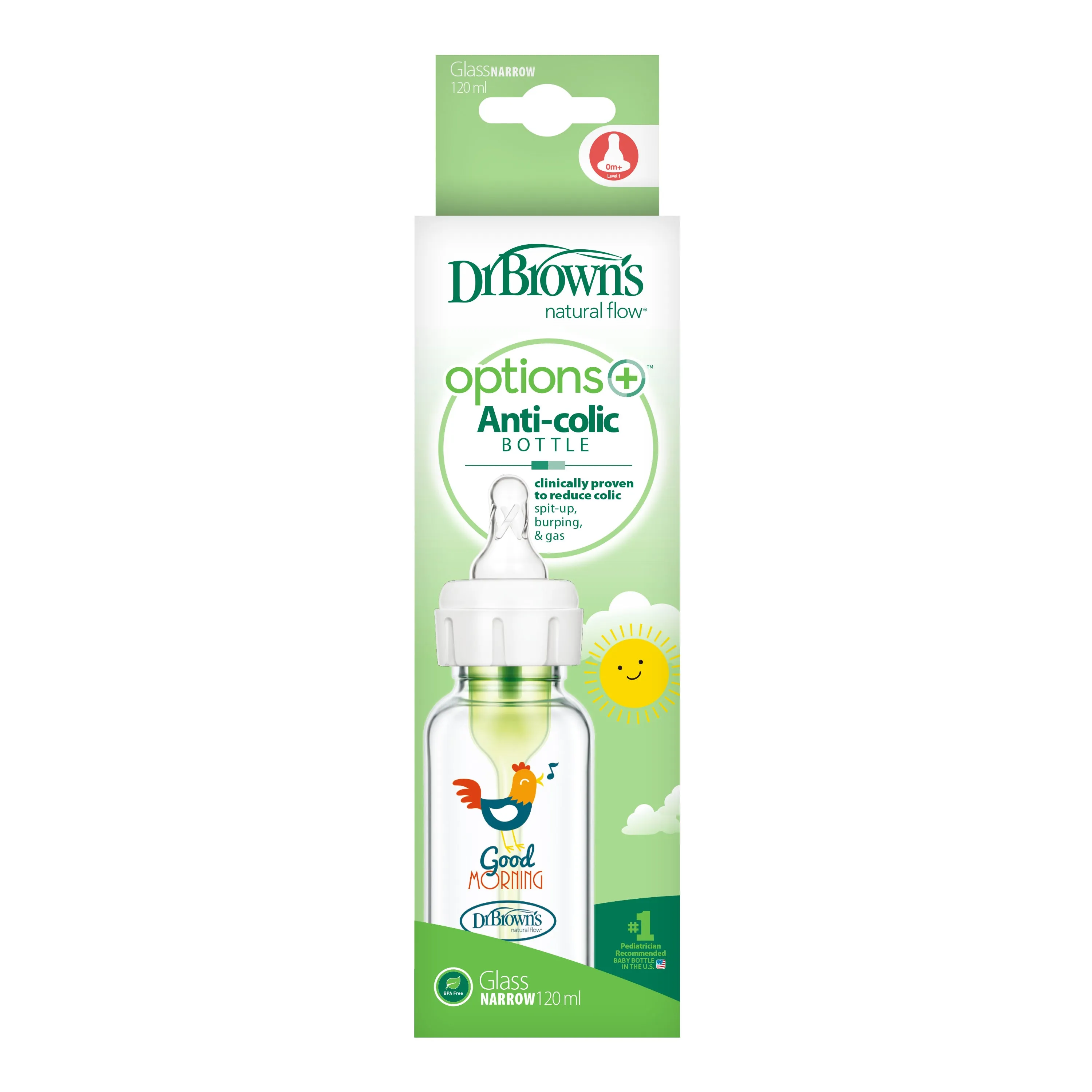 Dr. Brown’s Natural Flow® Anti-Colic Options ™ Narrow GLASS Baby Bottle, with Level 1 Slow Flow Nipple