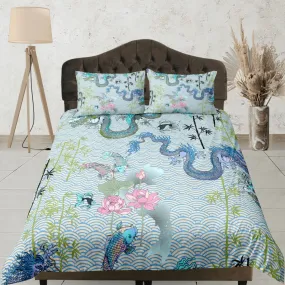 Dragon and koi fish on light green oriental bedding, aesthetic duvet, japanese duvet cover set for king, queen, full, twin, toddler bed