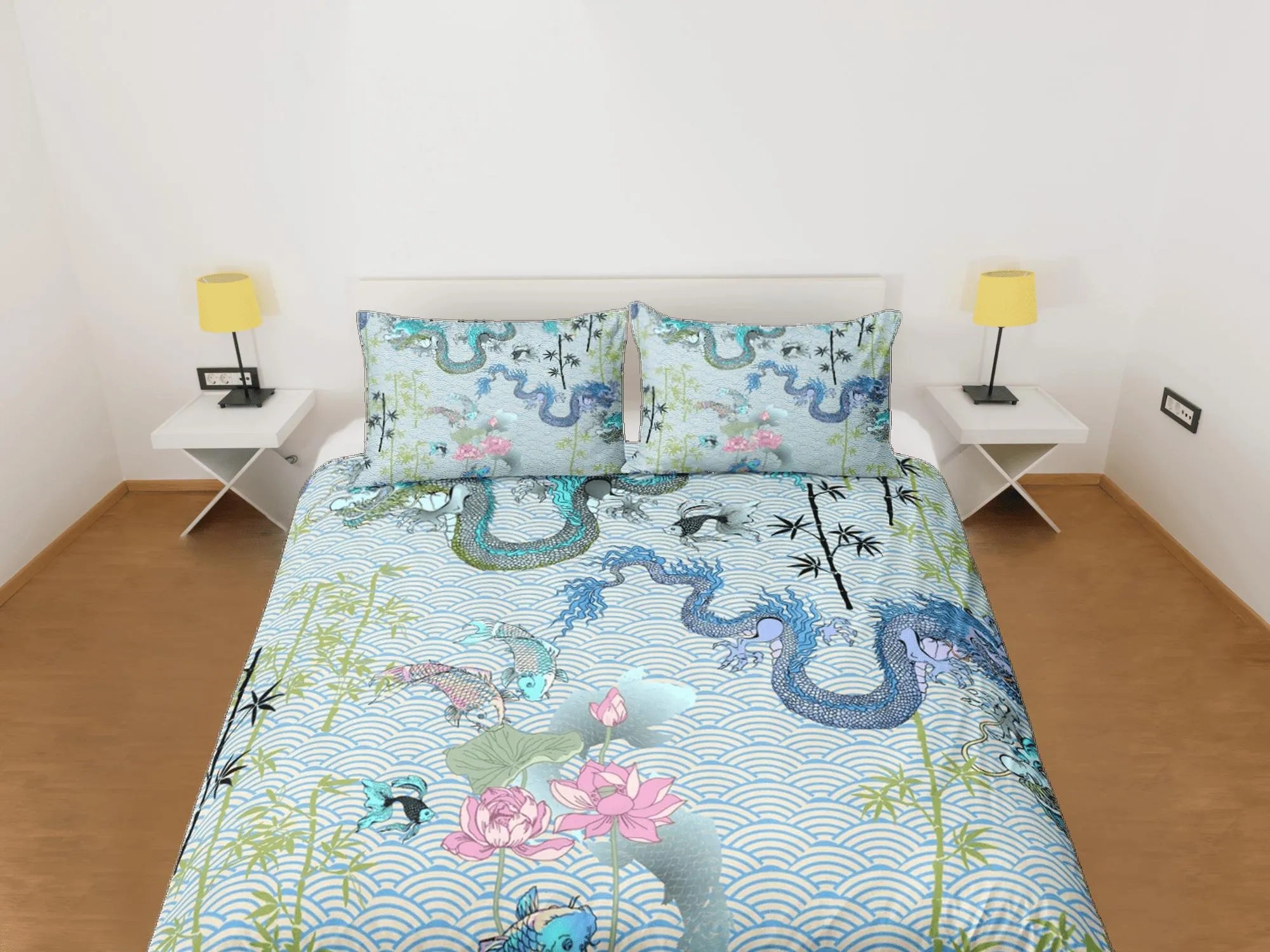 Dragon and koi fish on light green oriental bedding, aesthetic duvet, japanese duvet cover set for king, queen, full, twin, toddler bed