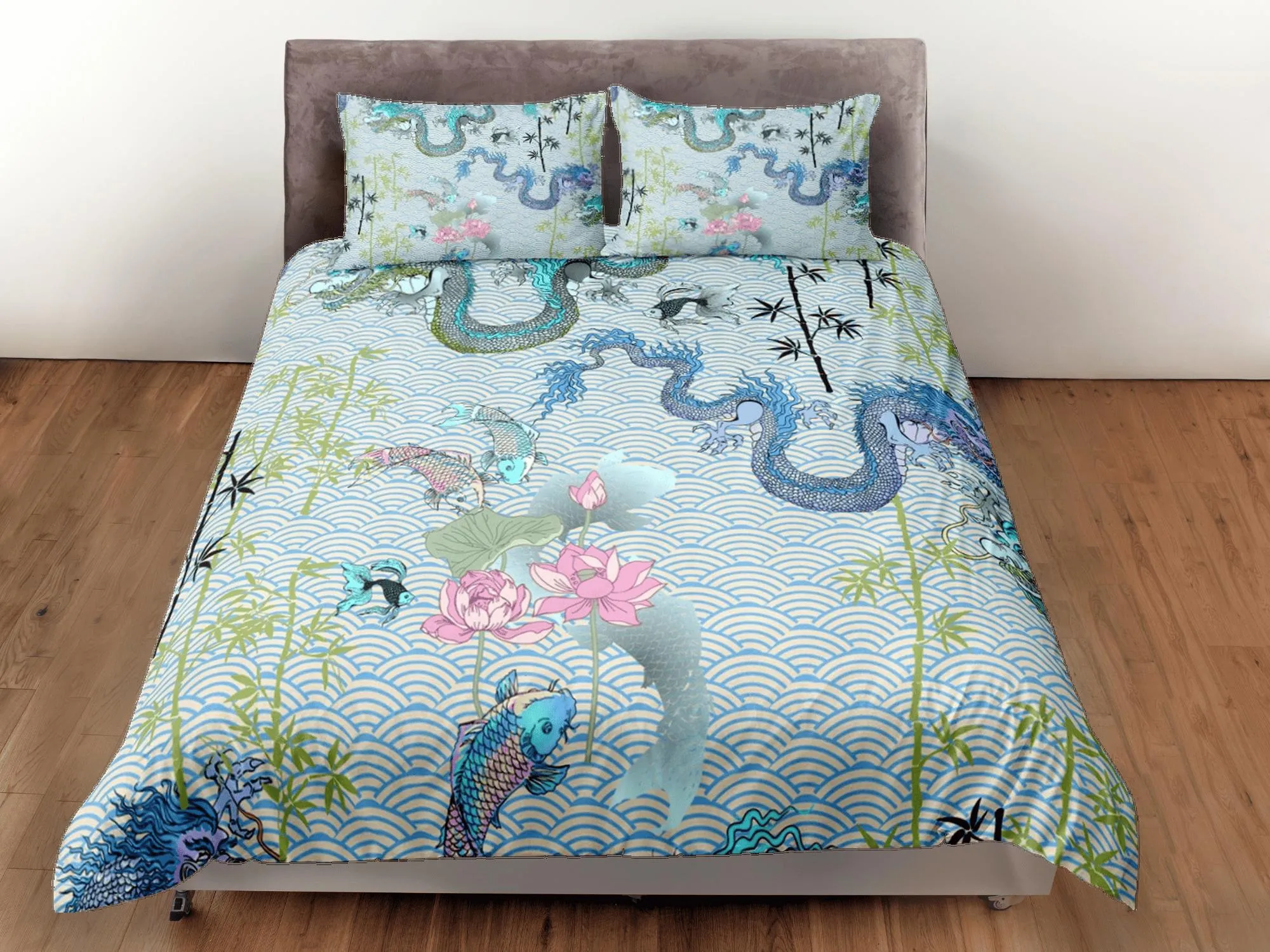 Dragon and koi fish on light green oriental bedding, aesthetic duvet, japanese duvet cover set for king, queen, full, twin, toddler bed