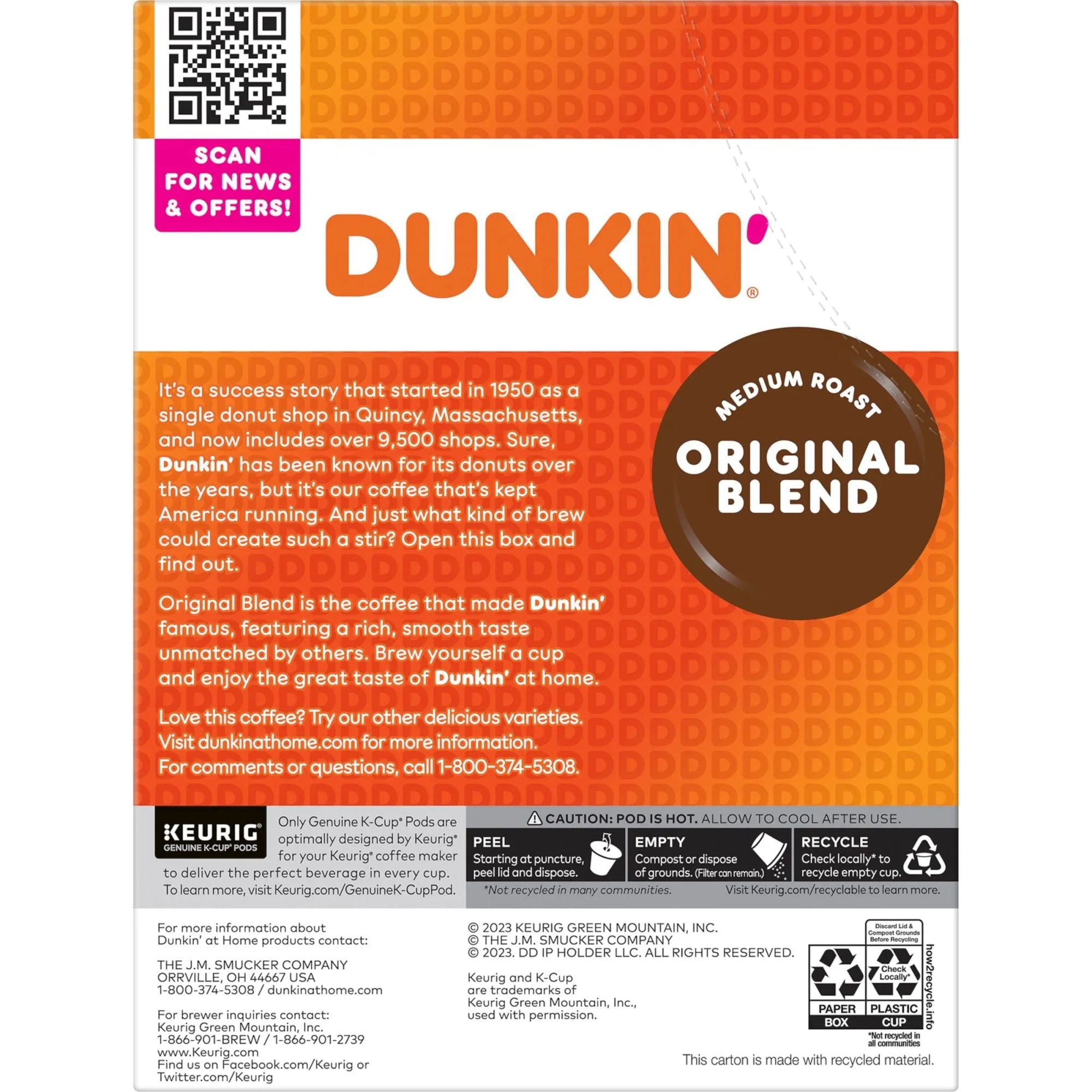 Dunkin' Original Blend Coffee, Medium Roast, K-Cup Pods, 22 Count Box