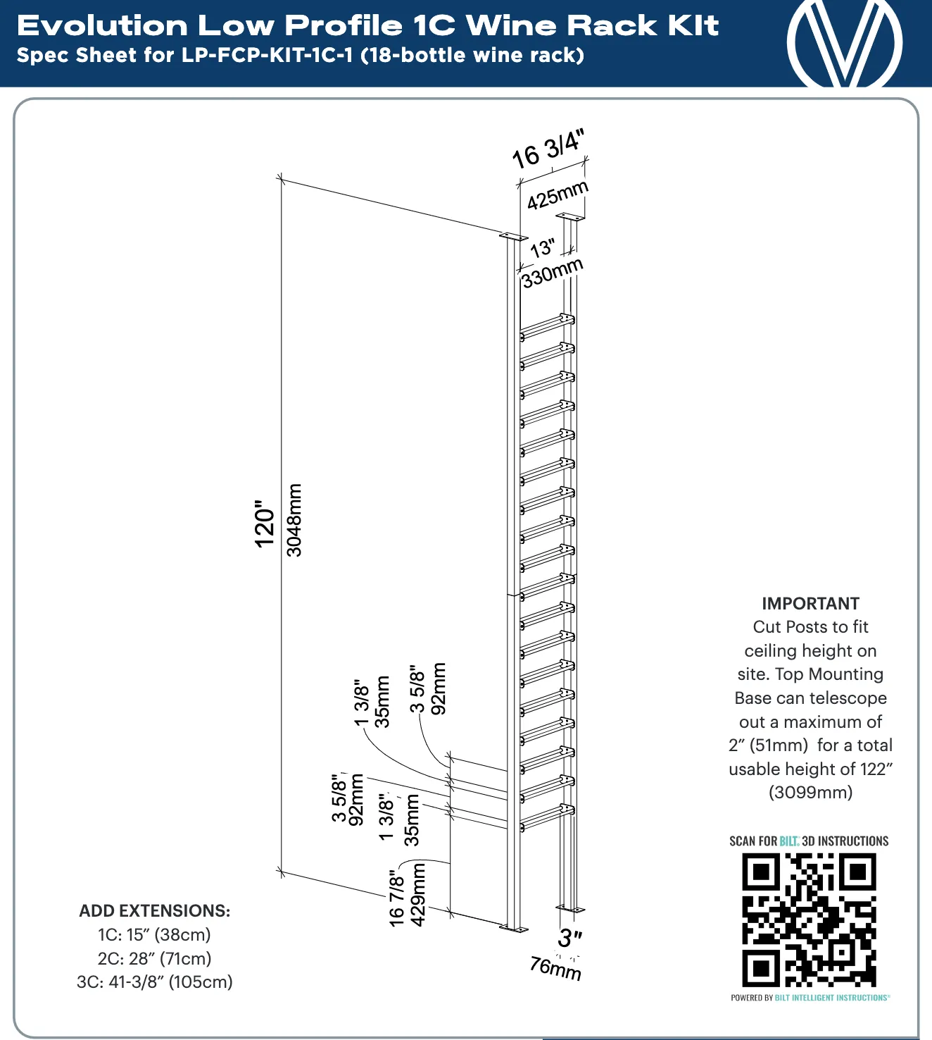 Evolution Low Profile Ultra Slim Floor-to-Ceiling Wine Rack 10 1C (18-54 Bottles)