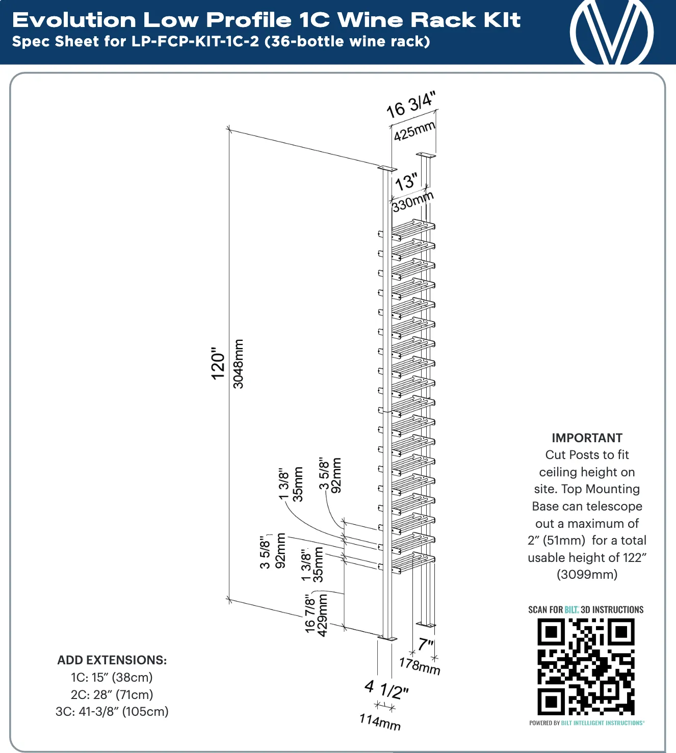 Evolution Low Profile Ultra Slim Floor-to-Ceiling Wine Rack 10 1C (18-54 Bottles)