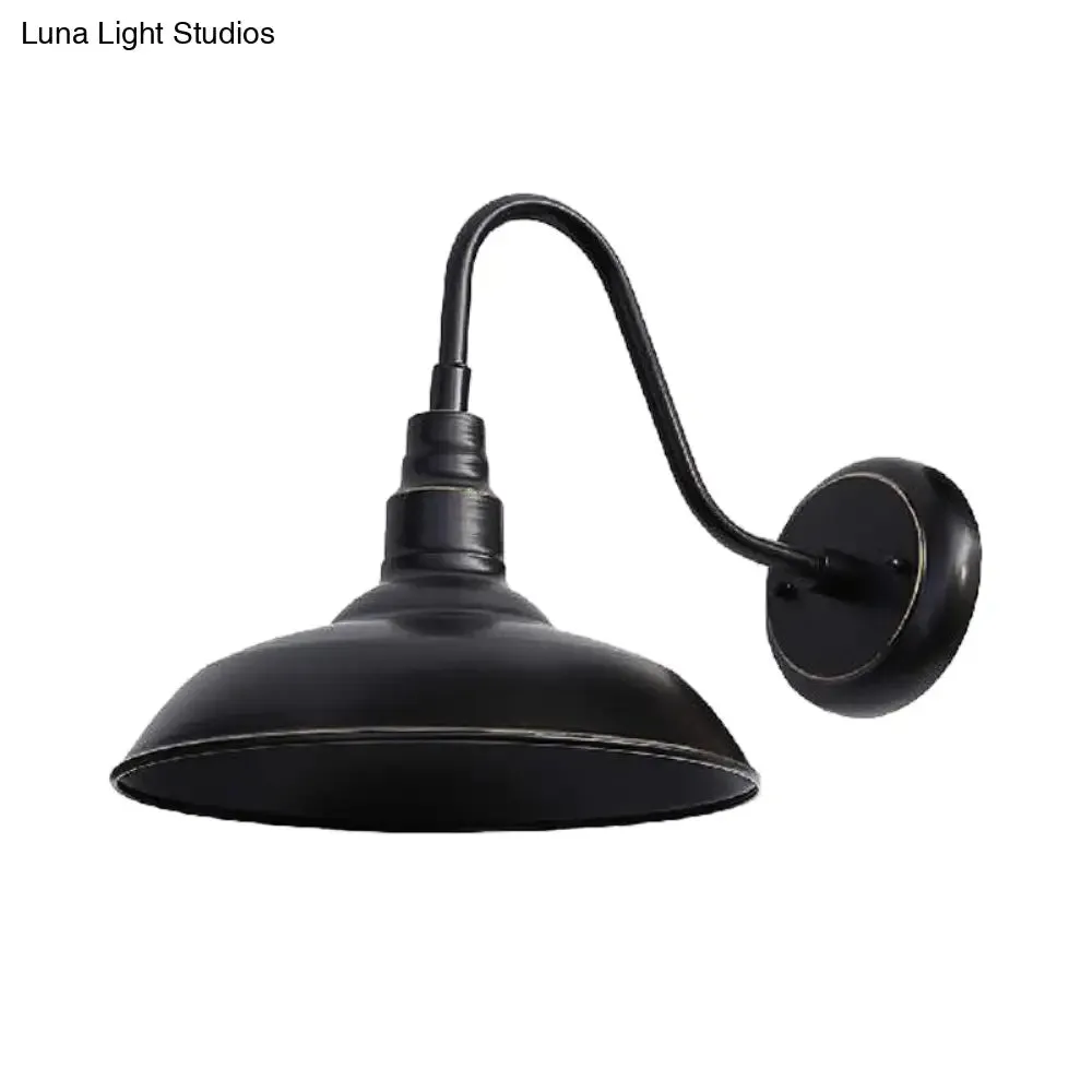 Farmhouse Barn Wall Sconce Lamp with Gooseneck Arm - Outdoor Metal Lighting (Black)