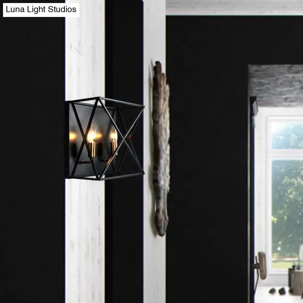 Farmhouse Style Metal Sconce Light Fixture - 2 Bulb Black Finish Wall Lamp with Wire Frame