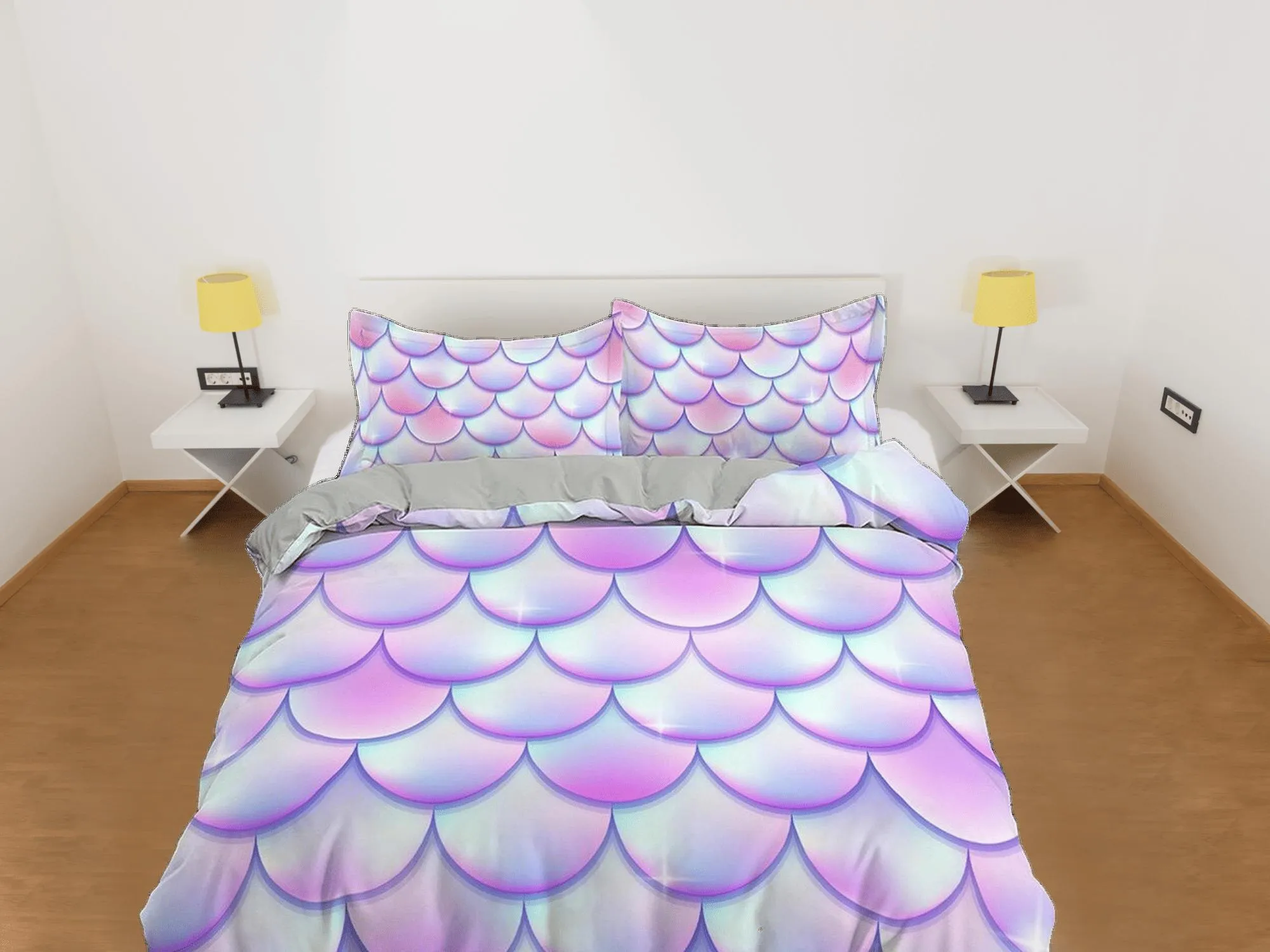 Fish scales unicorn pastel toddler bedding, duvet cover for nursery kids, crib bedding, baby zipper bedding, king queen full twin