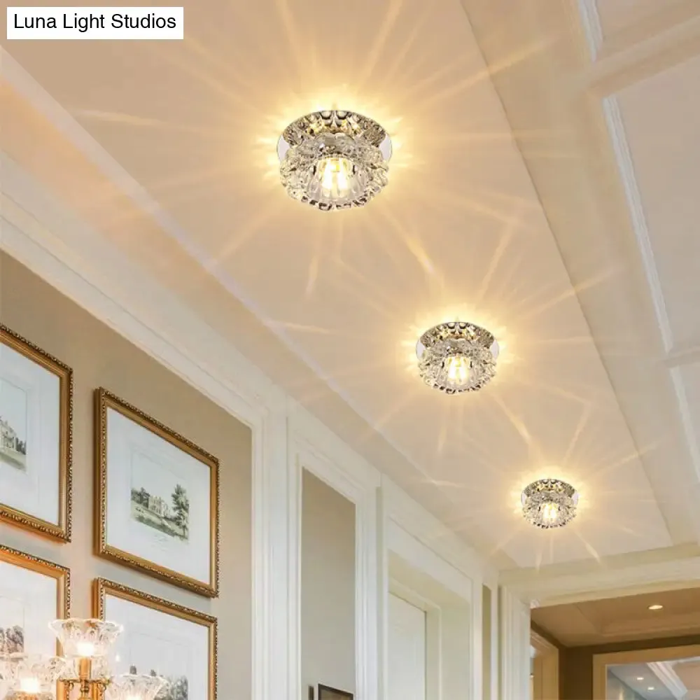 Floral Flush Mount LED Ceiling Lamp with Clear Crystal Accents - Minimalistic Stainless Steel Design for Hallways