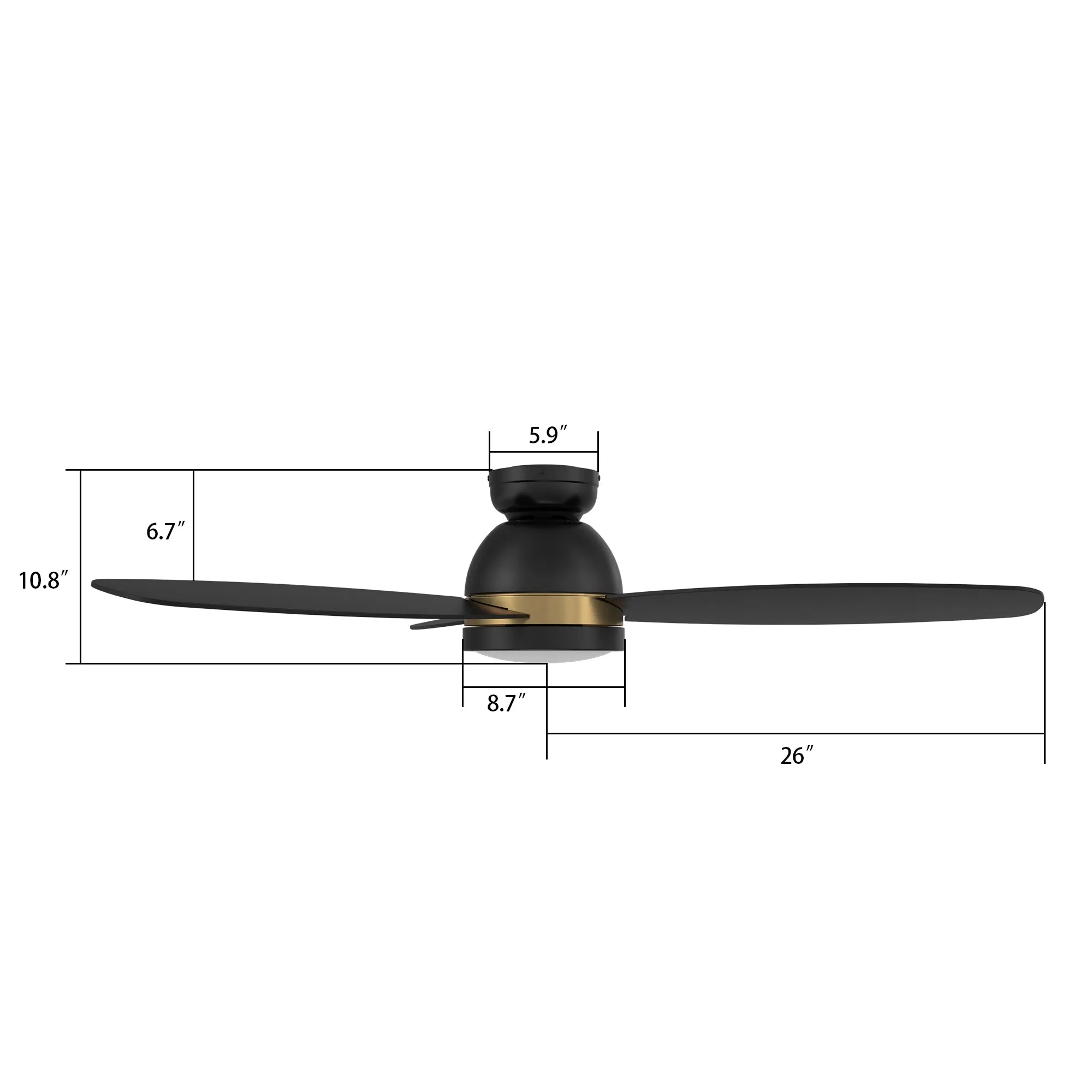 FREMONT 52 inch 3-Blade Flush Mount Smart Ceiling Fan with LED Light Kit & Remote- Black/Black (Gold Detail)