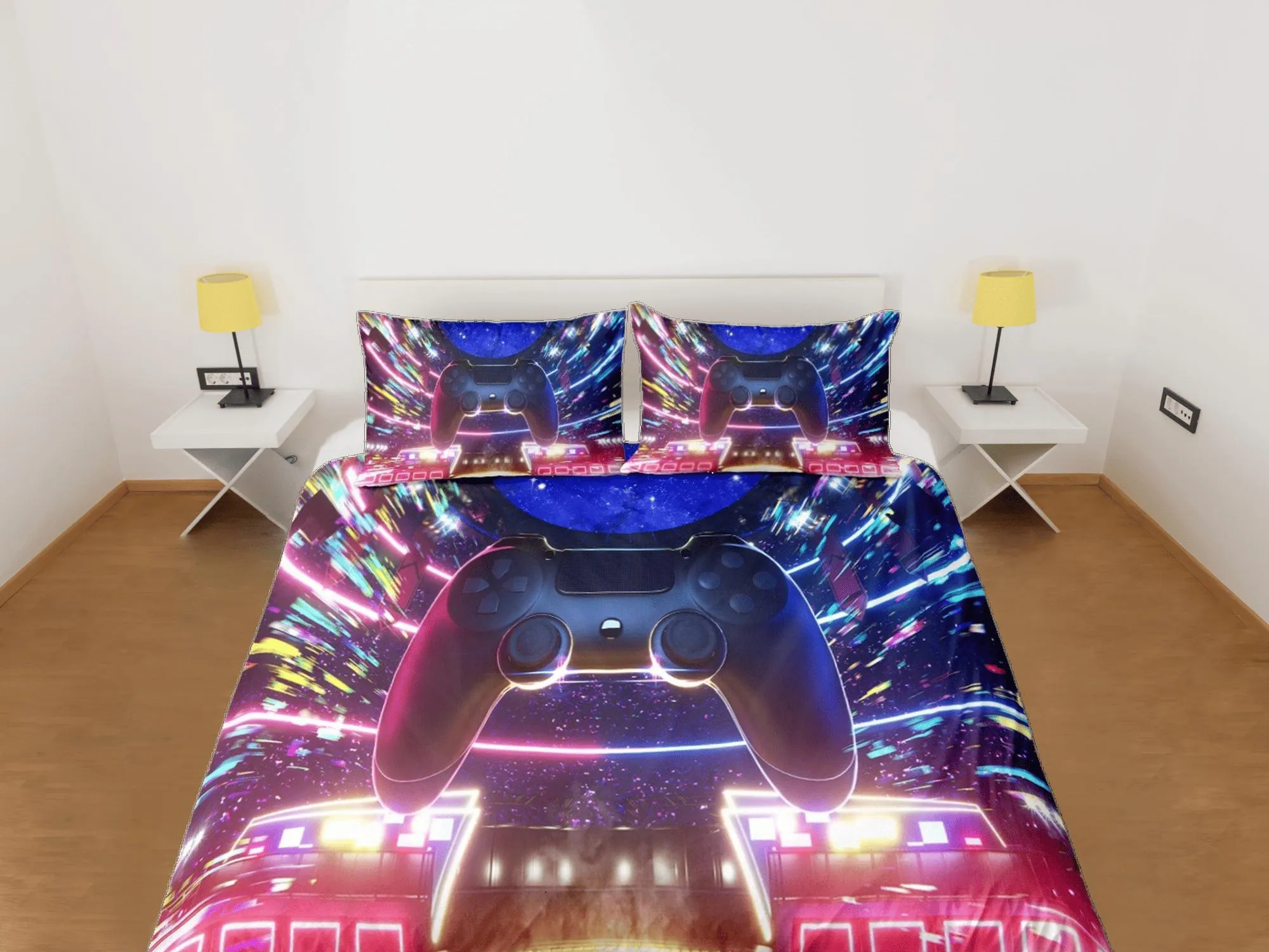 Gamer Neon Lights Duvet Cover Set Colorful Bedspread, Dorm Bedding with Pillowcase